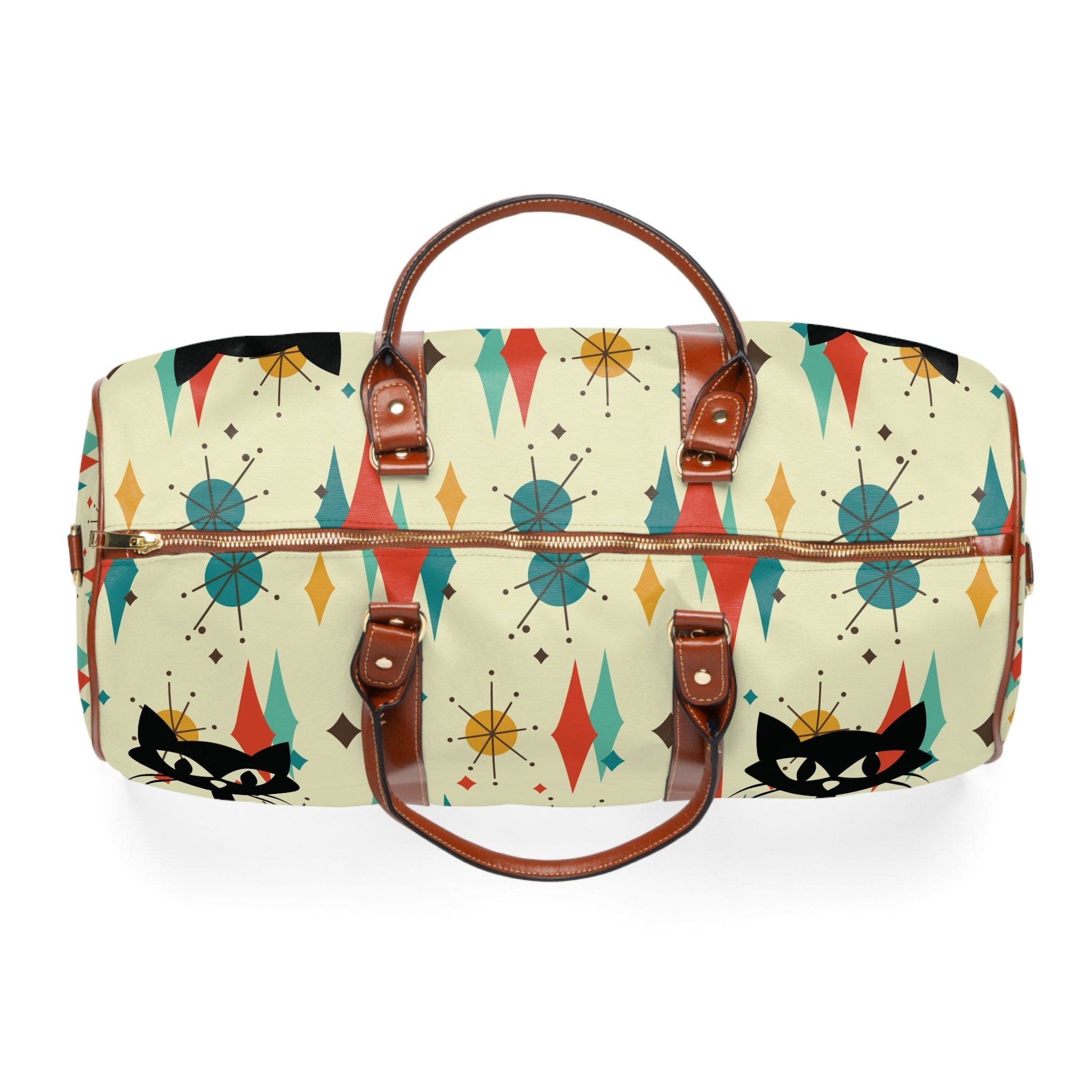 Kate McEnroe New York Atomic Kitchy Black Cat Franciscan Diamond Starburst Weekender Travel Bag, Mid Century Modern Geometric Beige, Orange, MustardDuffel Bags12178927421163667088