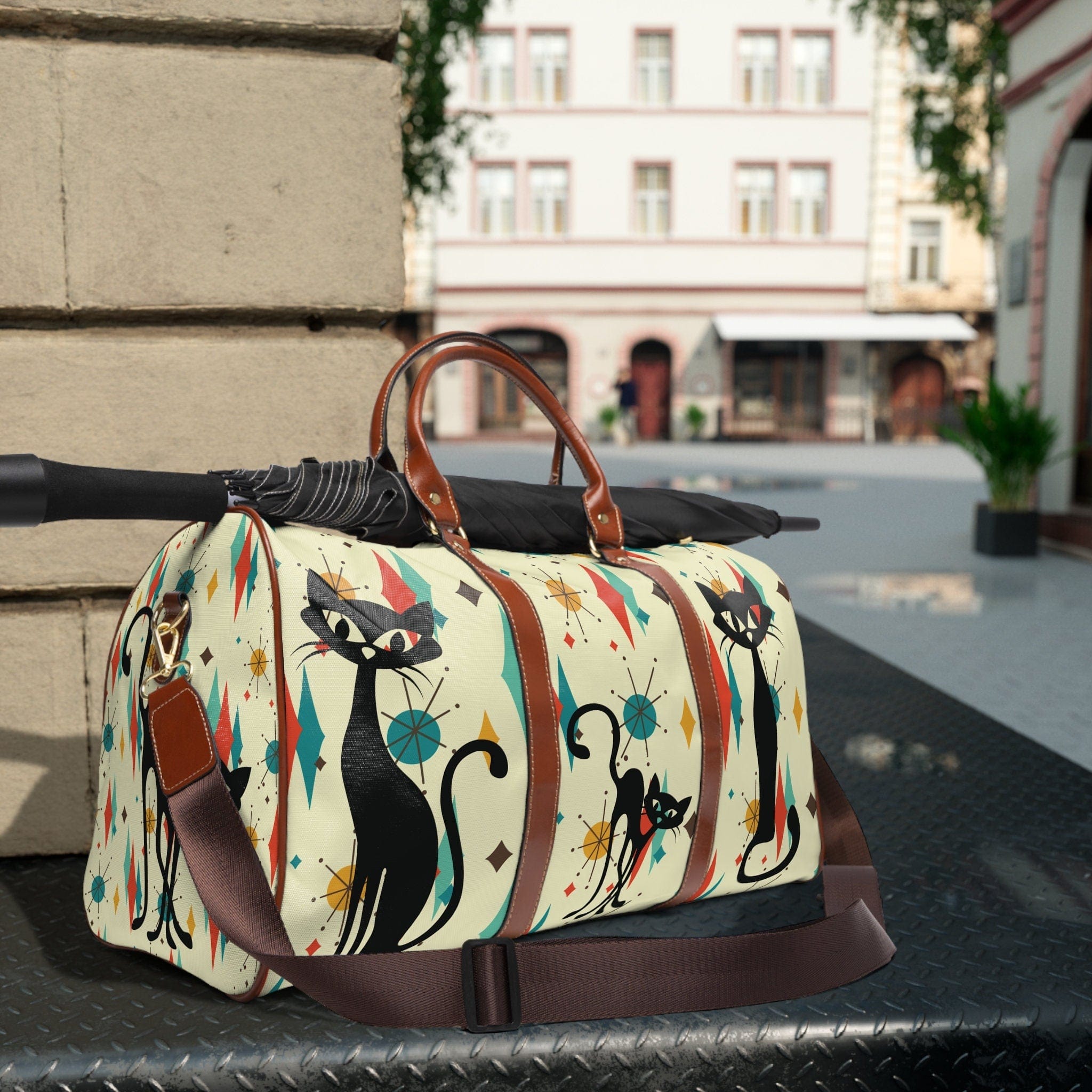 Kate McEnroe New York Atomic Kitchy Black Cat Franciscan Diamond Starburst Weekender Travel Bag, Mid Century Modern Geometric Beige, Orange, MustardDuffel Bags12178927421163667088