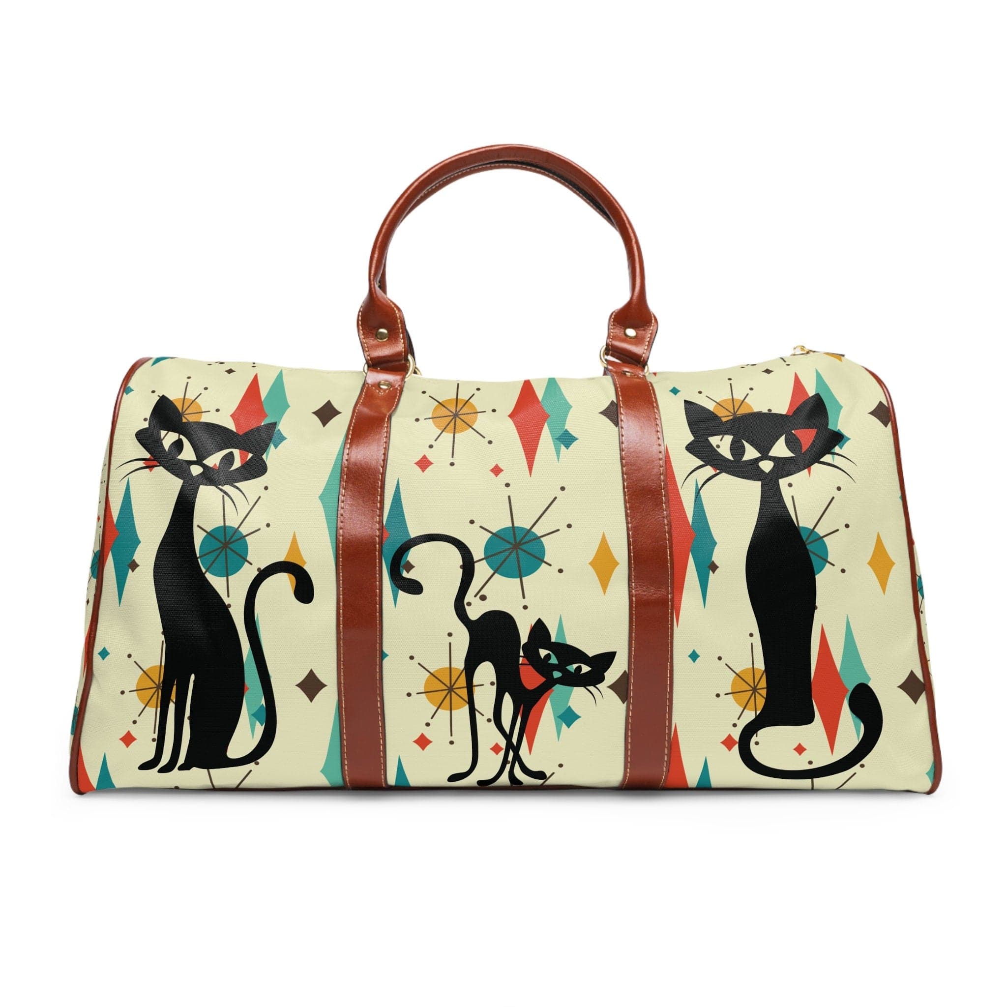 Kate McEnroe New York Atomic Kitchy Black Cat Franciscan Diamond Starburst Weekender Travel Bag, Mid Century Modern Geometric Beige, Orange, MustardDuffel Bags12178927421163667088