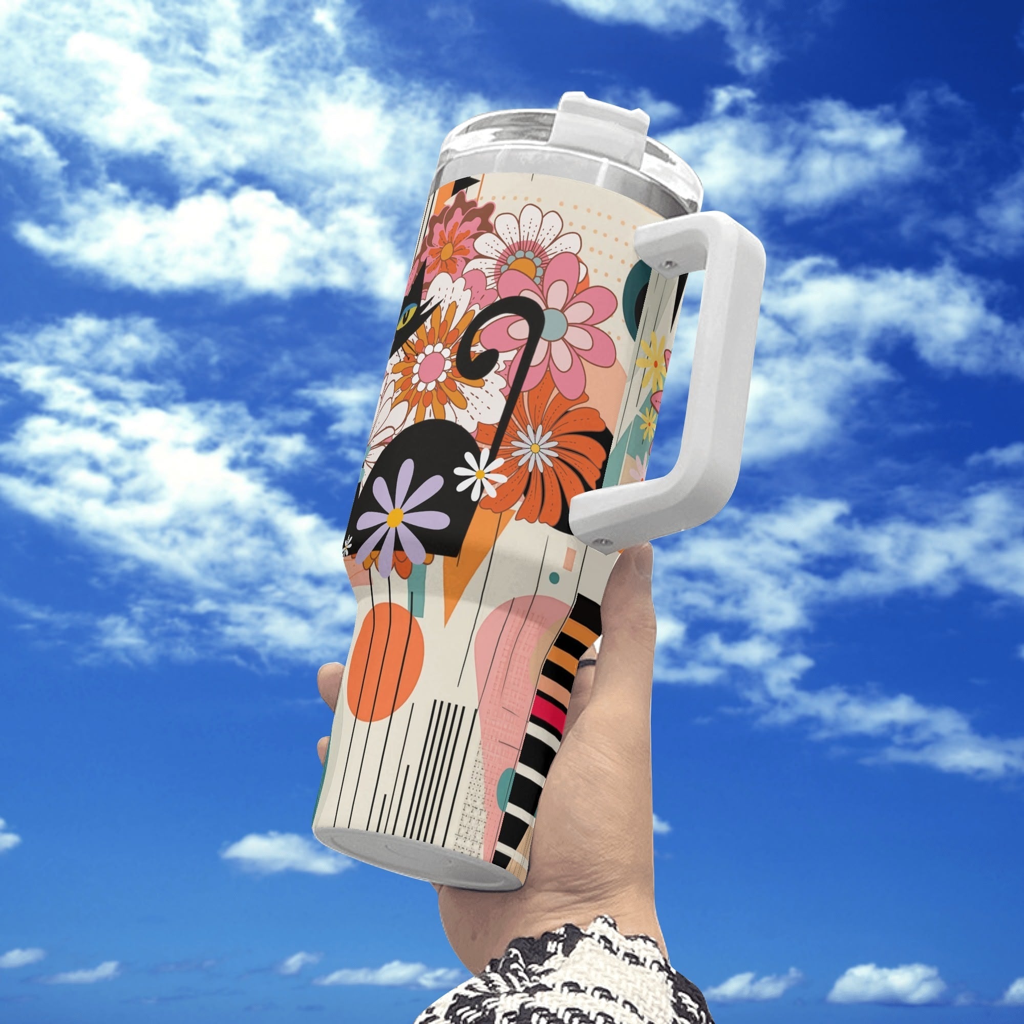 Kate McEnroe New York Atomic Kitsch Cat Groovy Flower Power Tumbler, Mid Century Modern Retro Floral DrinkwareTumblersW0ZGE1ZW - 1