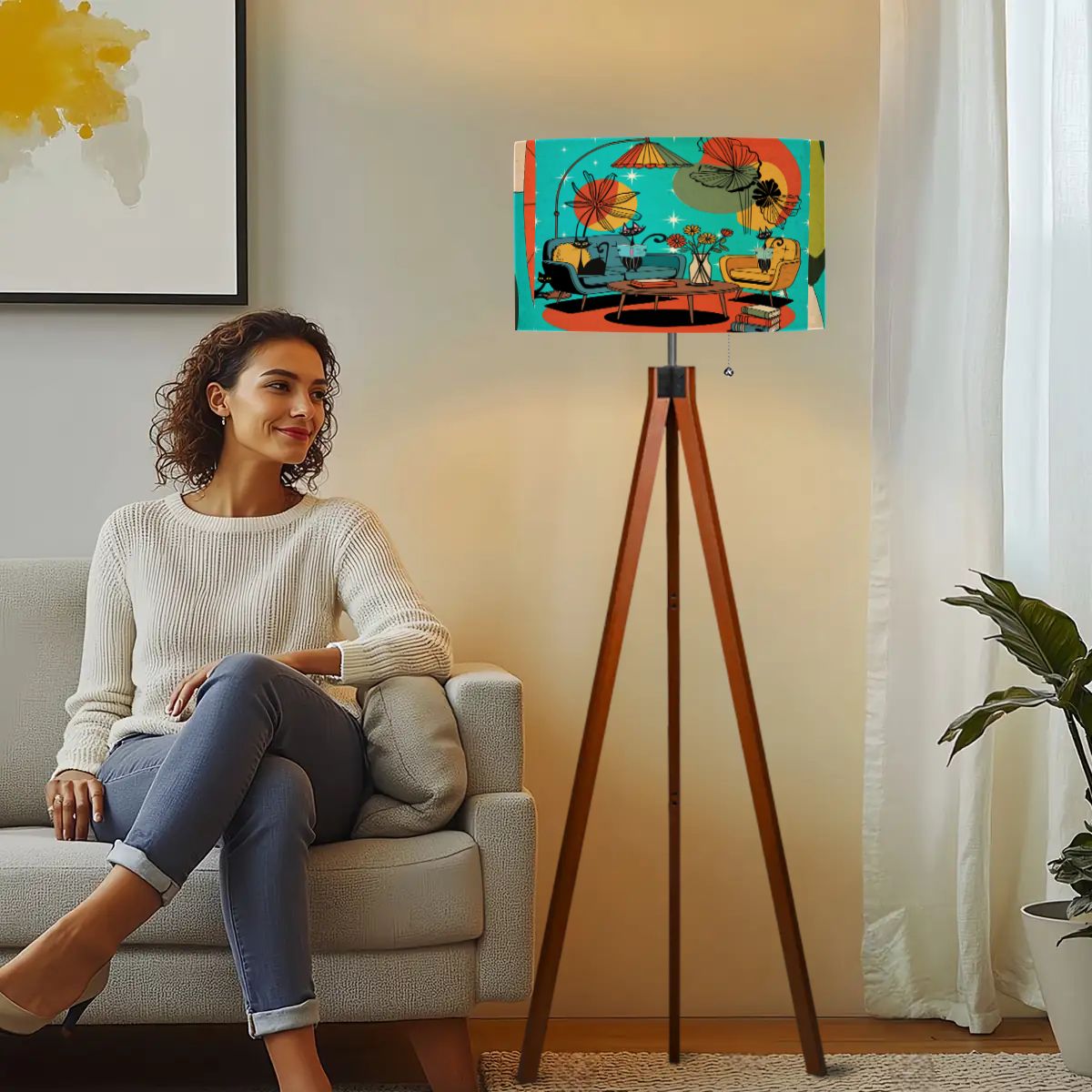 Kate McEnroe New York Atomic Kitsch Cat Lounge, Retro Mid Century Modern, Book Lovers, MCM Starburst Tripod Floor LampFloor LampsYO1a6wIVTl