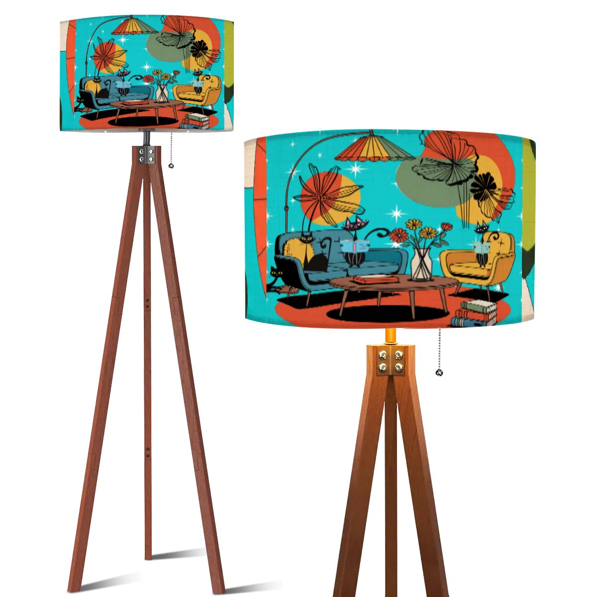 Kate McEnroe New York Atomic Kitsch Cat Lounge, Retro Mid Century Modern, Book Lovers, MCM Starburst Tripod Floor LampFloor LampsYO1a6wIVTl