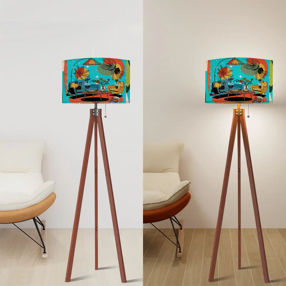 Kate McEnroe New York Atomic Kitsch Cat Lounge, Retro Mid Century Modern, Book Lovers, MCM Starburst Tripod Floor LampFloor LampsYO1a6wIVTl