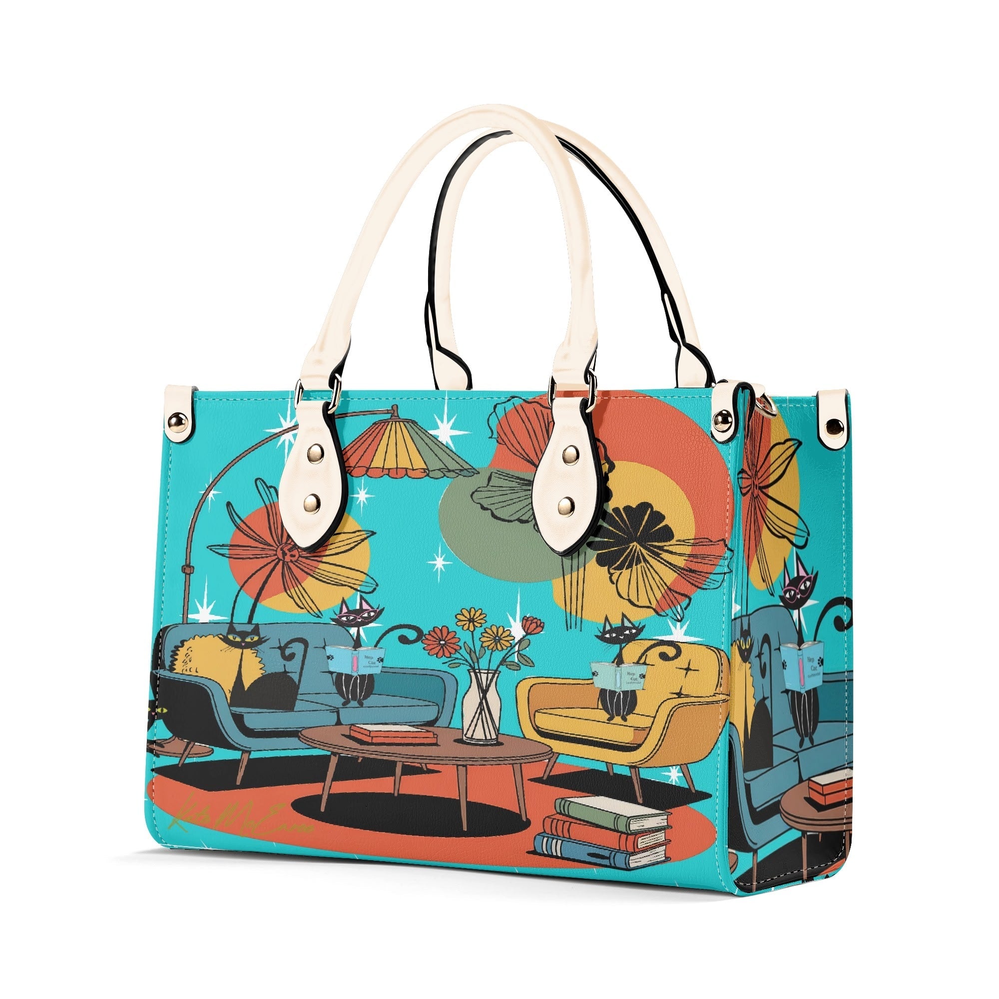 Kate McEnroe New York Atomic Kitsch Cat Lounge Satchel, Retro Mid Century Modern Purse, MCM Bookish Mod Bag, 50s Starburst HandbagHandbagsNVO31DMY - 1