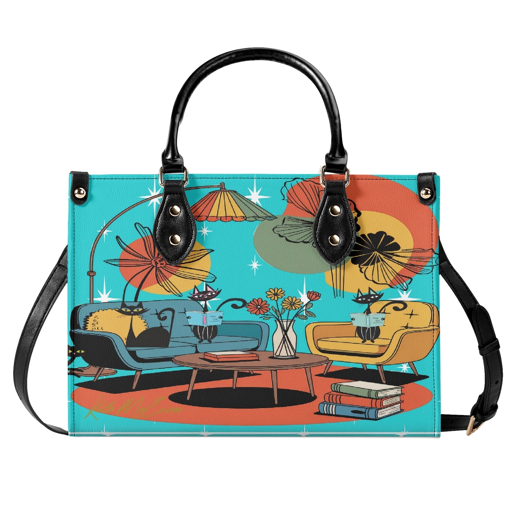 Kate McEnroe New York Atomic Kitsch Cat Lounge Satchel, Retro Mid Century Modern Purse, MCM Bookish Mod Bag, 50s Starburst HandbagHandbagsNVO31DMY - 1
