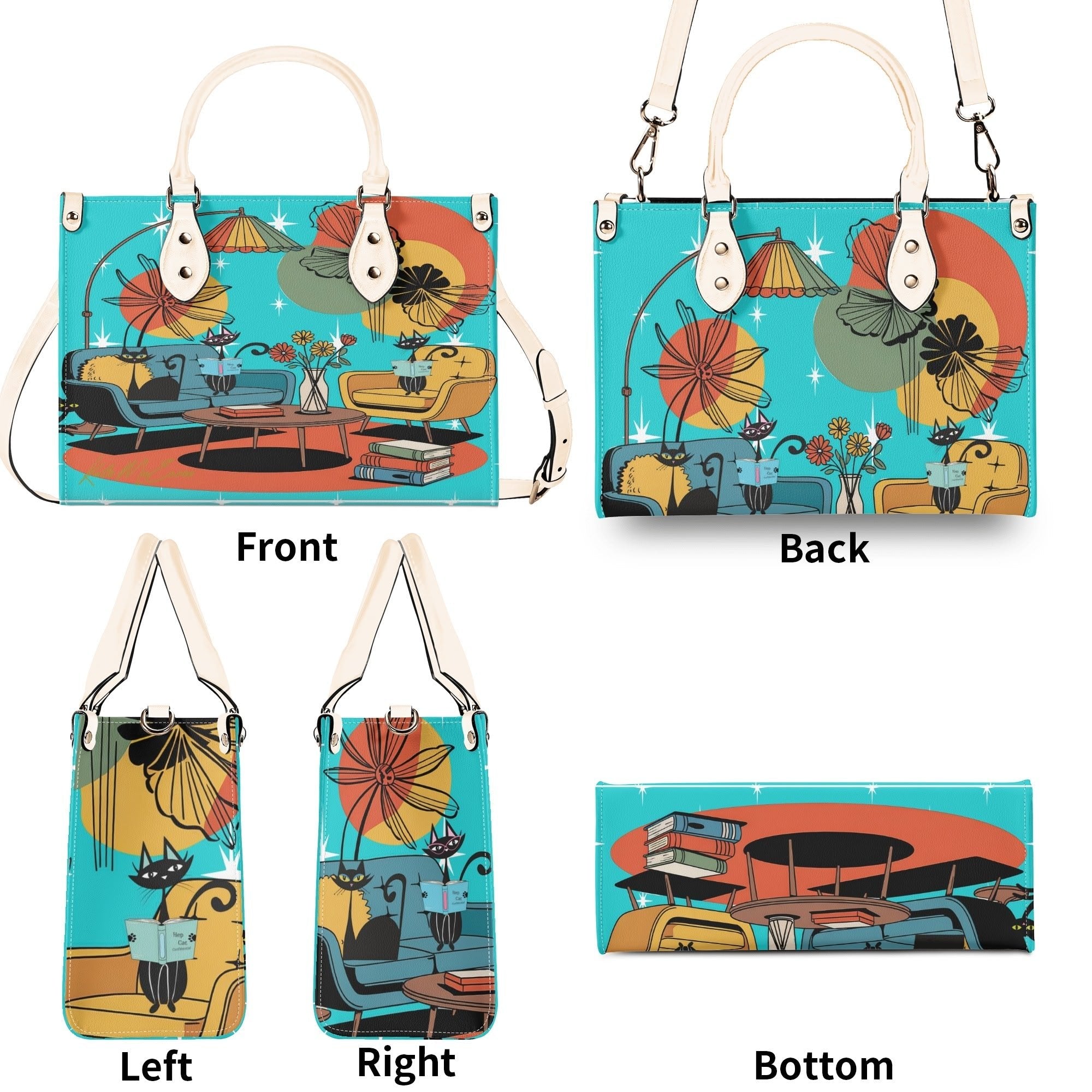 Kate McEnroe New York Atomic Kitsch Cat Lounge Satchel, Retro Mid Century Modern Purse, MCM Bookish Mod Bag, 50s Starburst HandbagHandbagsNVO31DMY - 1