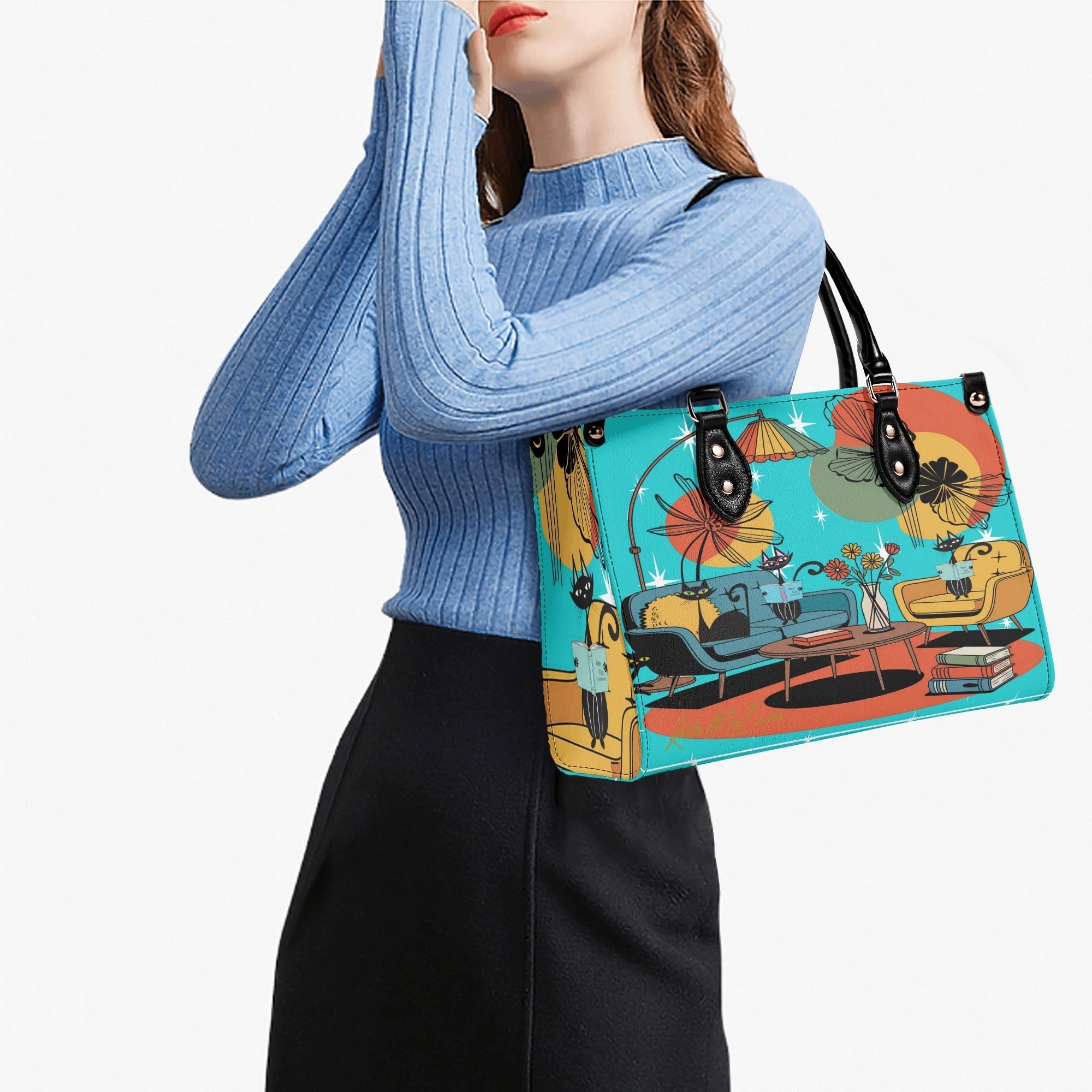 Kate McEnroe New York Atomic Kitsch Cat Lounge Satchel, Retro Mid Century Modern Purse, MCM Bookish Mod Bag, 50s Starburst HandbagHandbagsNVO31DMY - 1