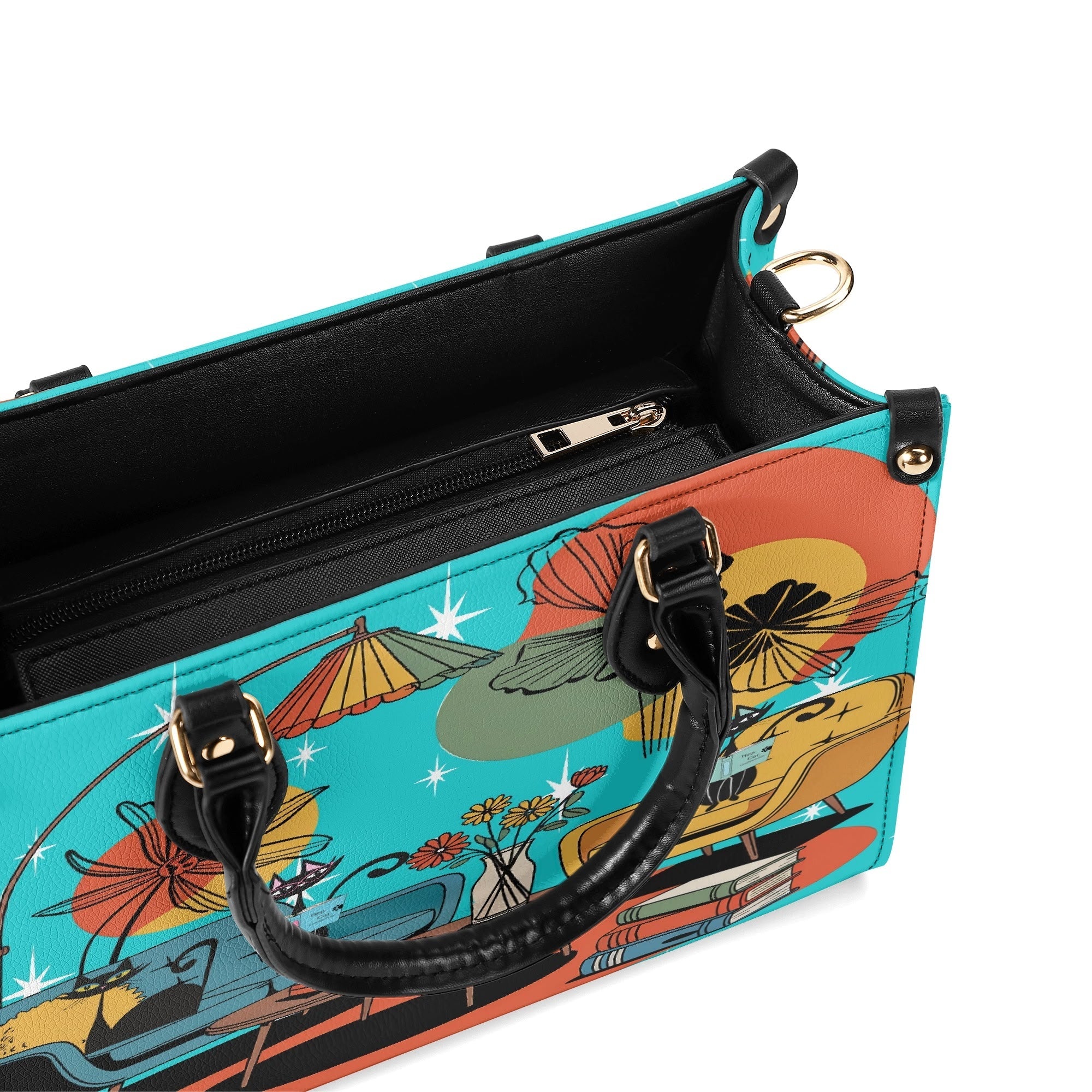 Kate McEnroe New York Atomic Kitsch Cat Lounge Satchel, Retro Mid Century Modern Purse, MCM Bookish Mod Bag, 50s Starburst HandbagHandbagsNVO31DMY - 1