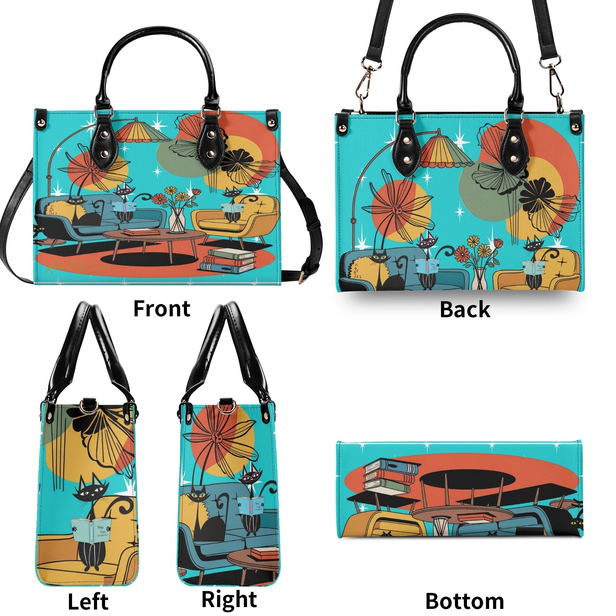 Kate McEnroe New York Atomic Kitsch Cat Lounge Satchel, Retro Mid Century Modern Purse, MCM Bookish Mod Bag, 50s Starburst HandbagHandbagsNVO31DMY - 1
