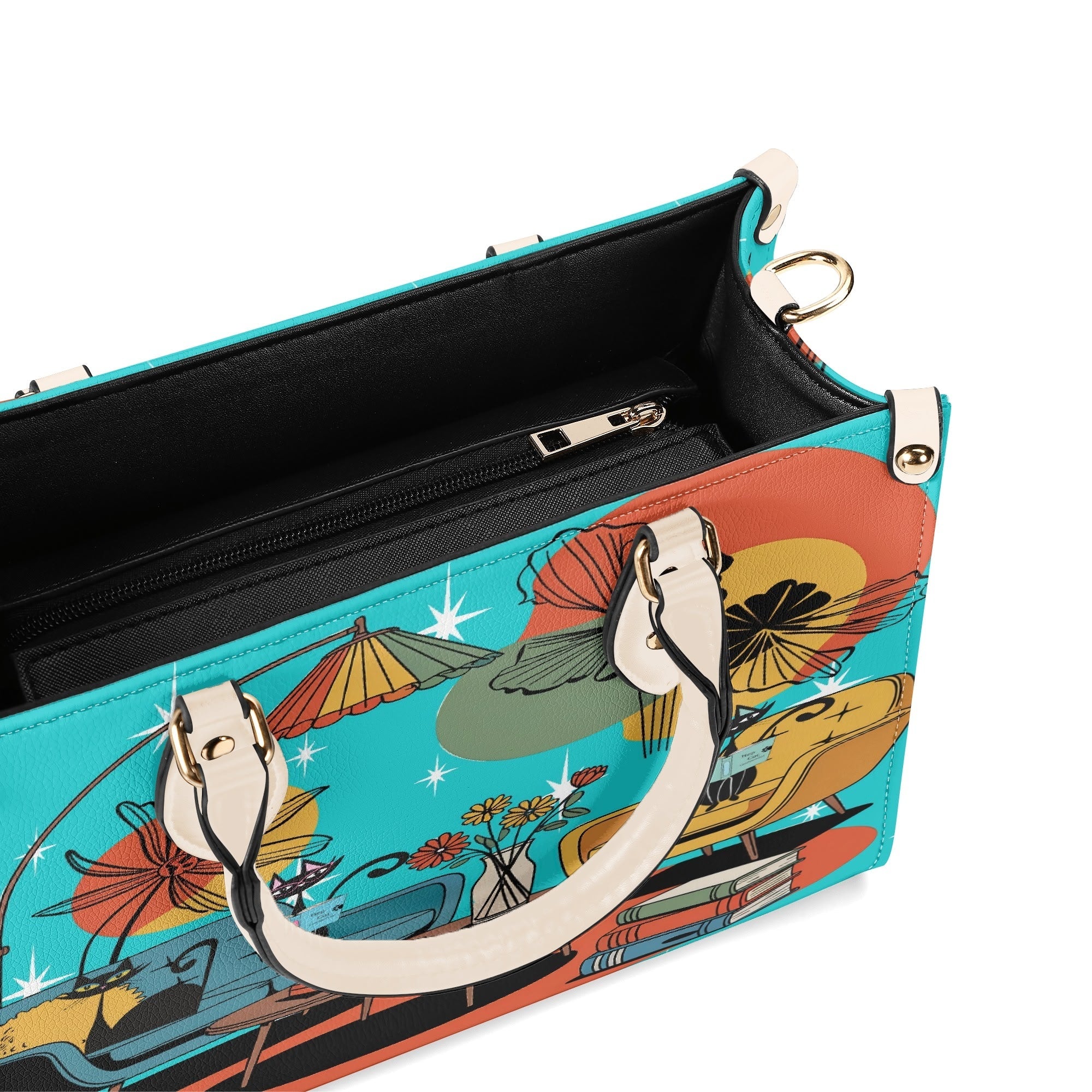 Kate McEnroe New York Atomic Kitsch Cat Lounge Satchel, Retro Mid Century Modern Purse, MCM Bookish Mod Bag, 50s Starburst HandbagHandbagsNVO31DMY - 1