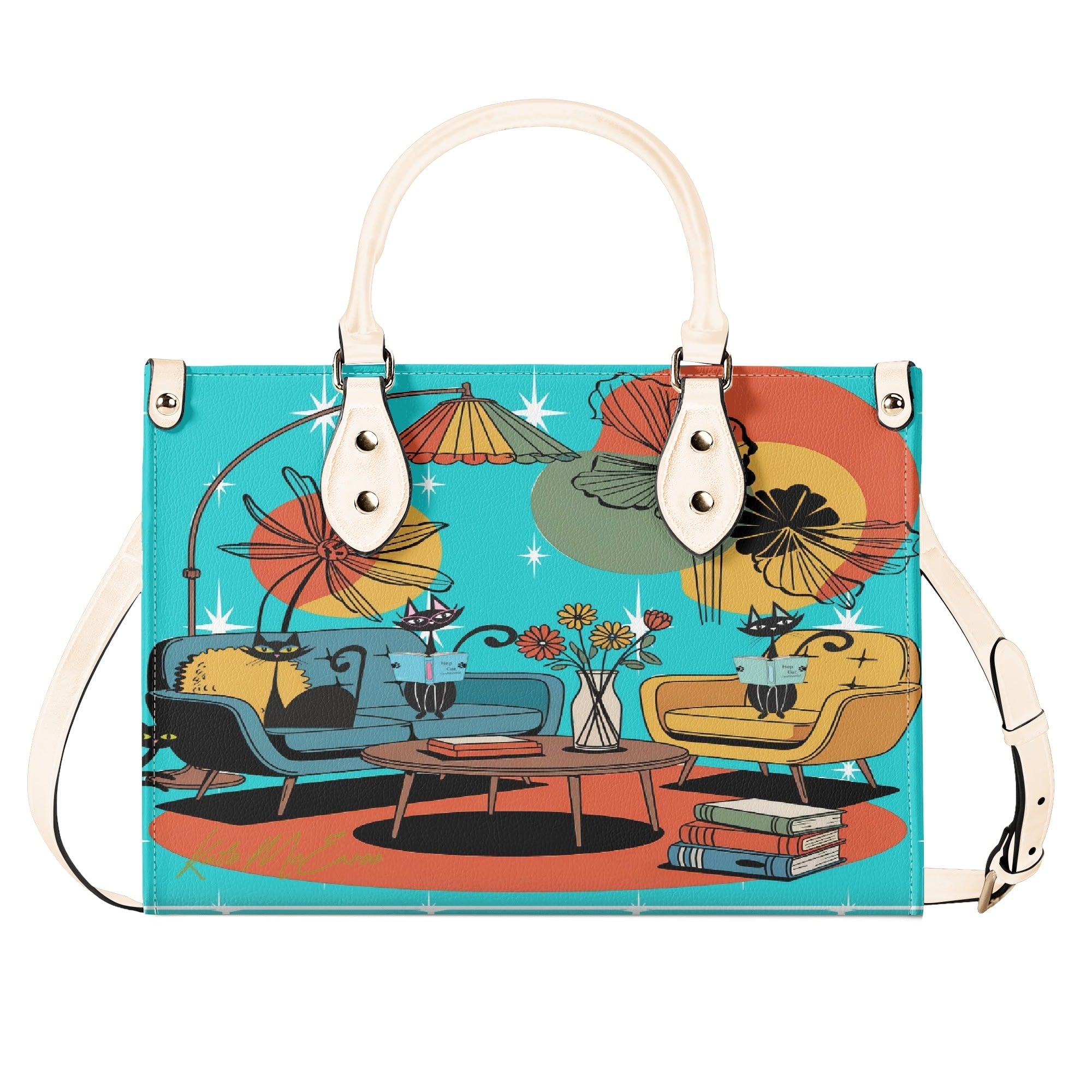 Kate McEnroe New York Atomic Kitsch Cat Lounge Satchel, Retro Mid Century Modern Purse, MCM Bookish Mod Bag, 50s Starburst HandbagHandbagsNVO31DMY - 1