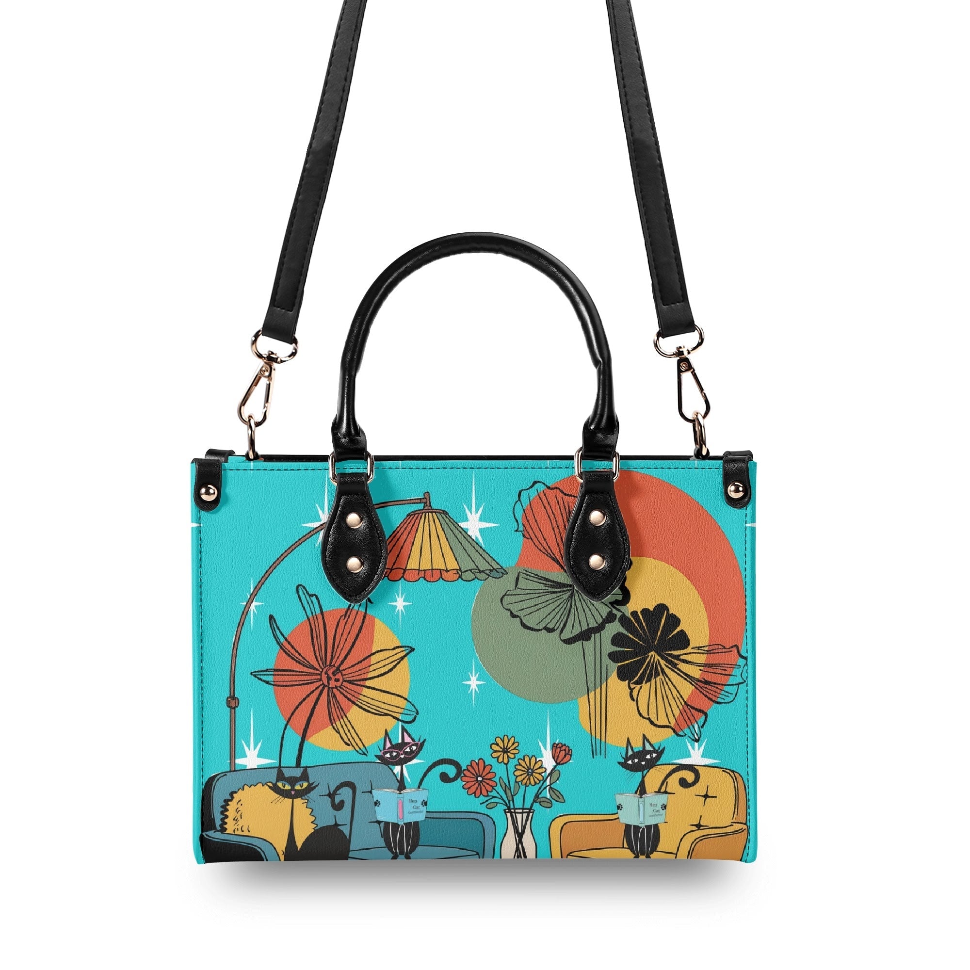 Kate McEnroe New York Atomic Kitsch Cat Lounge Satchel, Retro Mid Century Modern Purse, MCM Bookish Mod Bag, 50s Starburst HandbagHandbagsNVO31DMY - 1