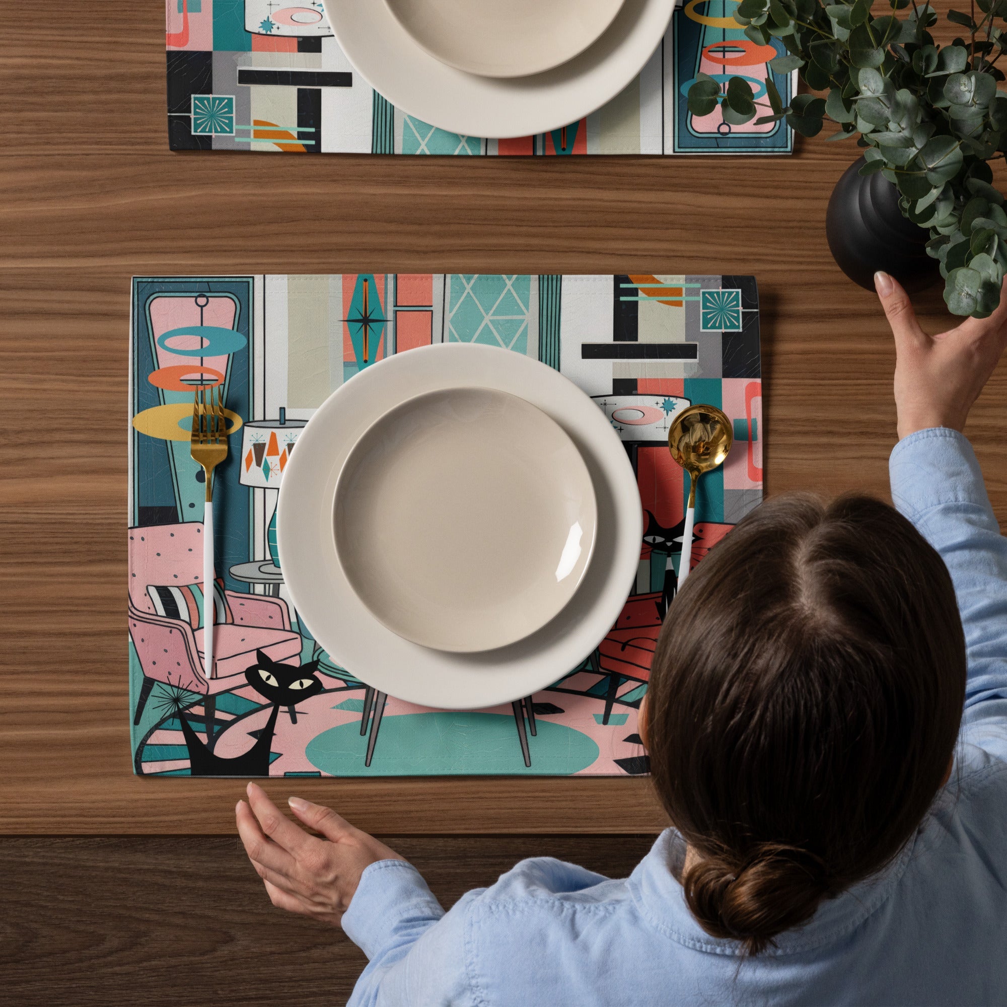 Kate McEnroe New York Atomic Kitsch Cat MCM Lounge, Mid Century Modern Retro Placemats Set of 4Placemats3548152_17484