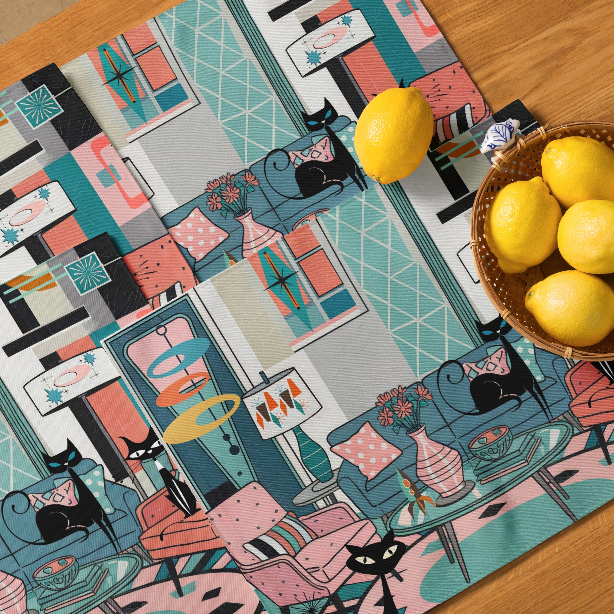 Kate McEnroe New York Atomic Kitsch Cat MCM Lounge, Mid Century Modern Retro Placemats Set of 4Placemats3548152_17484