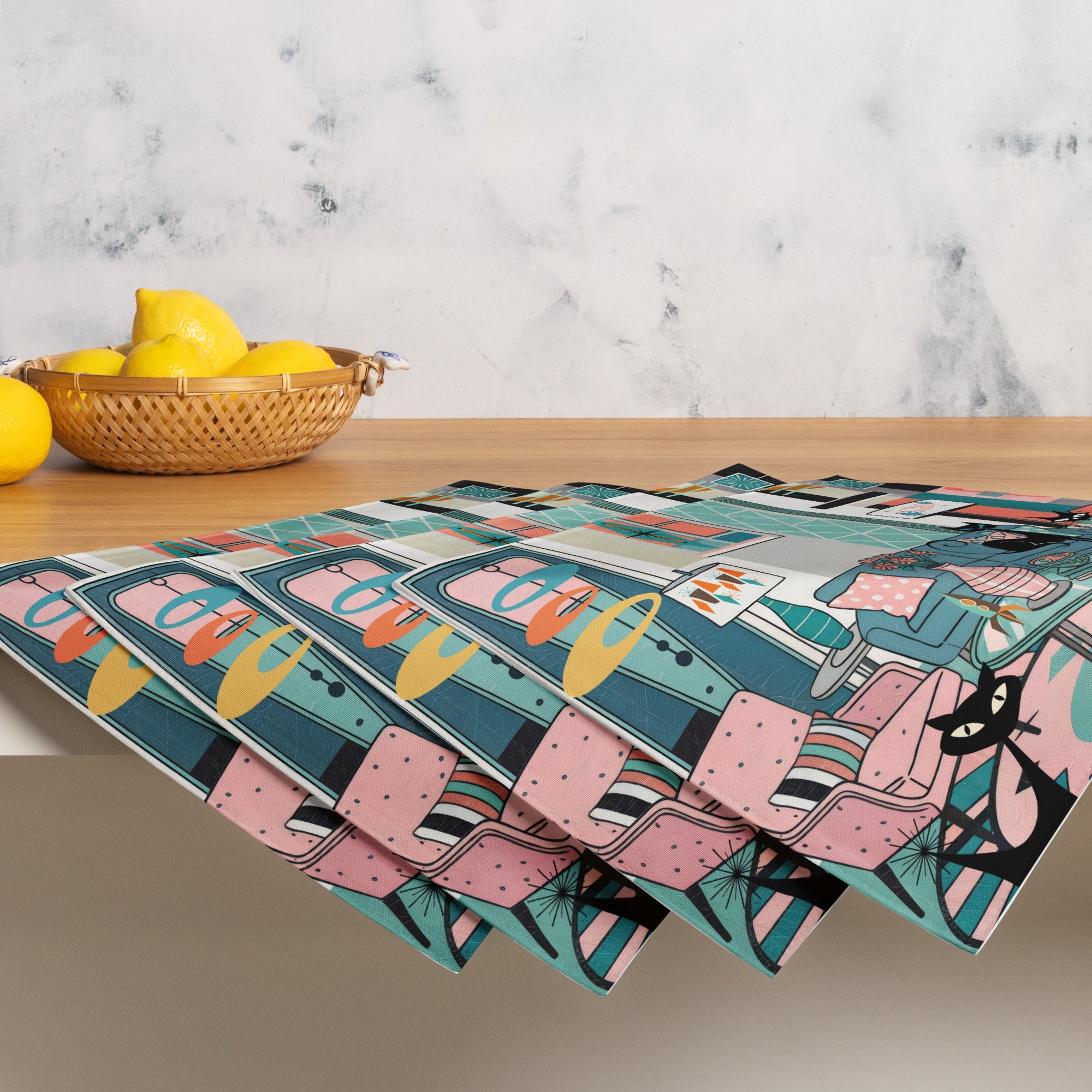 Kate McEnroe New York Atomic Kitsch Cat MCM Lounge, Mid Century Modern Retro Placemats Set of 4Placemats3548152_17484