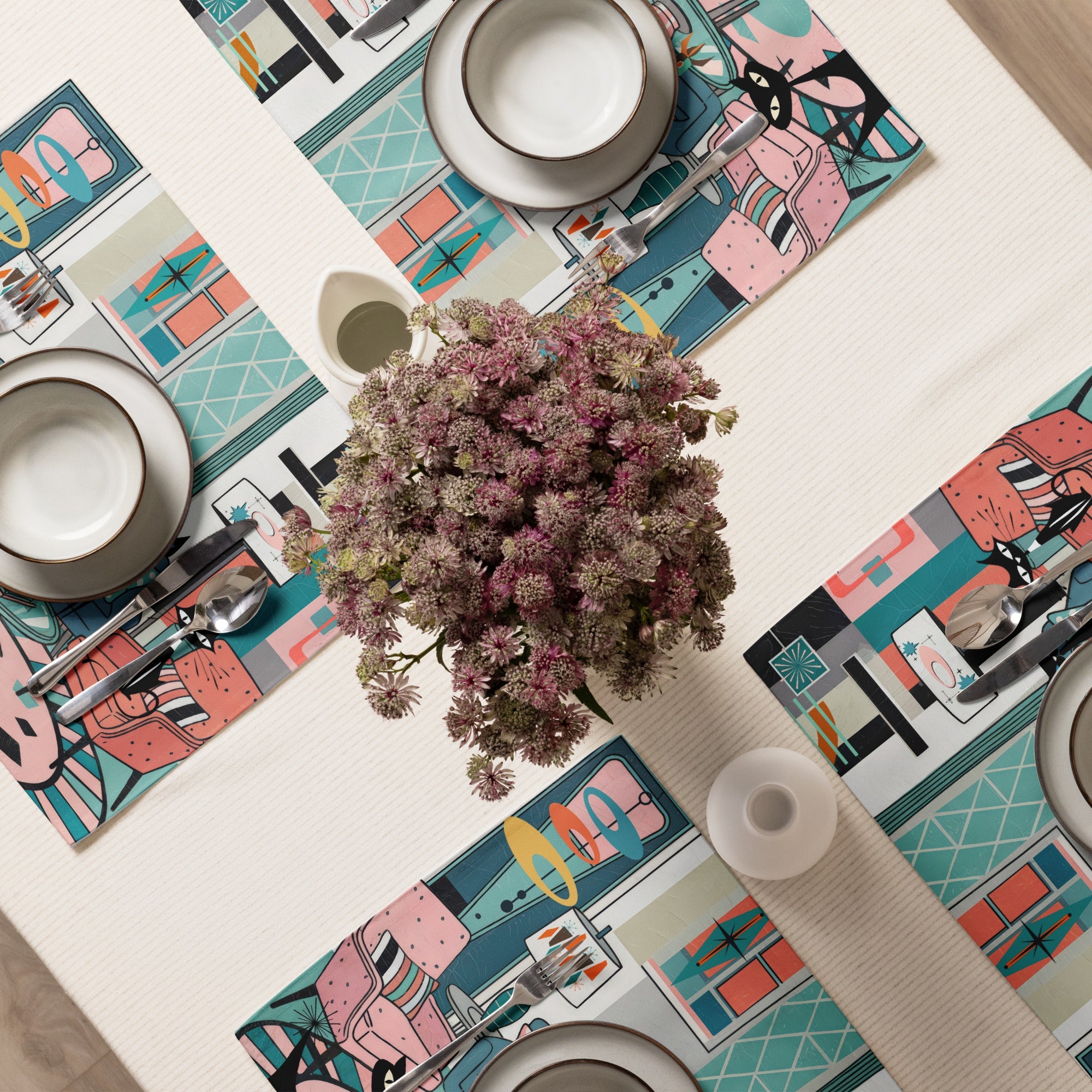 Kate McEnroe New York Atomic Kitsch Cat MCM Lounge, Mid Century Modern Retro Placemats Set of 4Placemats3548152_17484