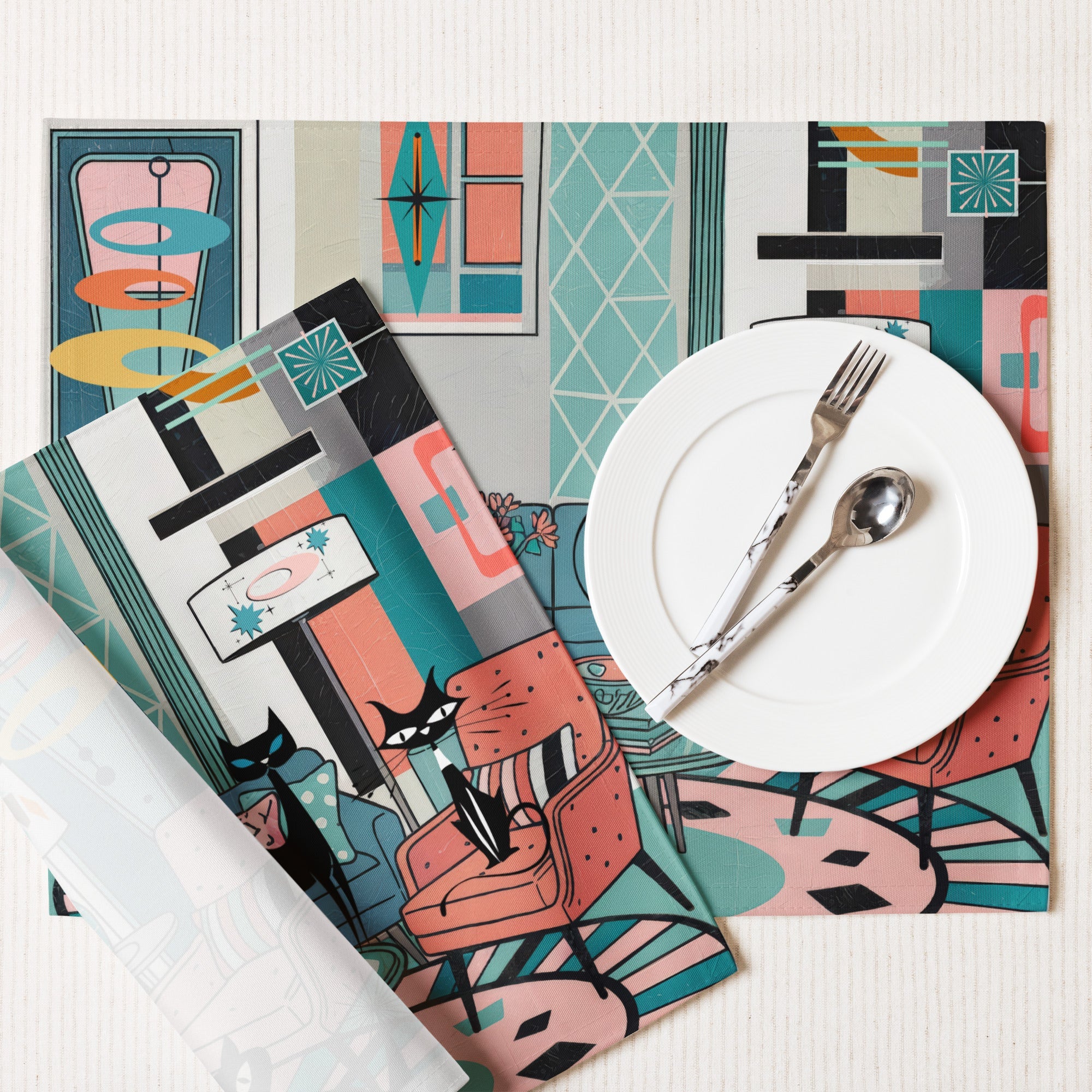 Kate McEnroe New York Atomic Kitsch Cat MCM Lounge, Mid Century Modern Retro Placemats Set of 4Placemats3548152_17484