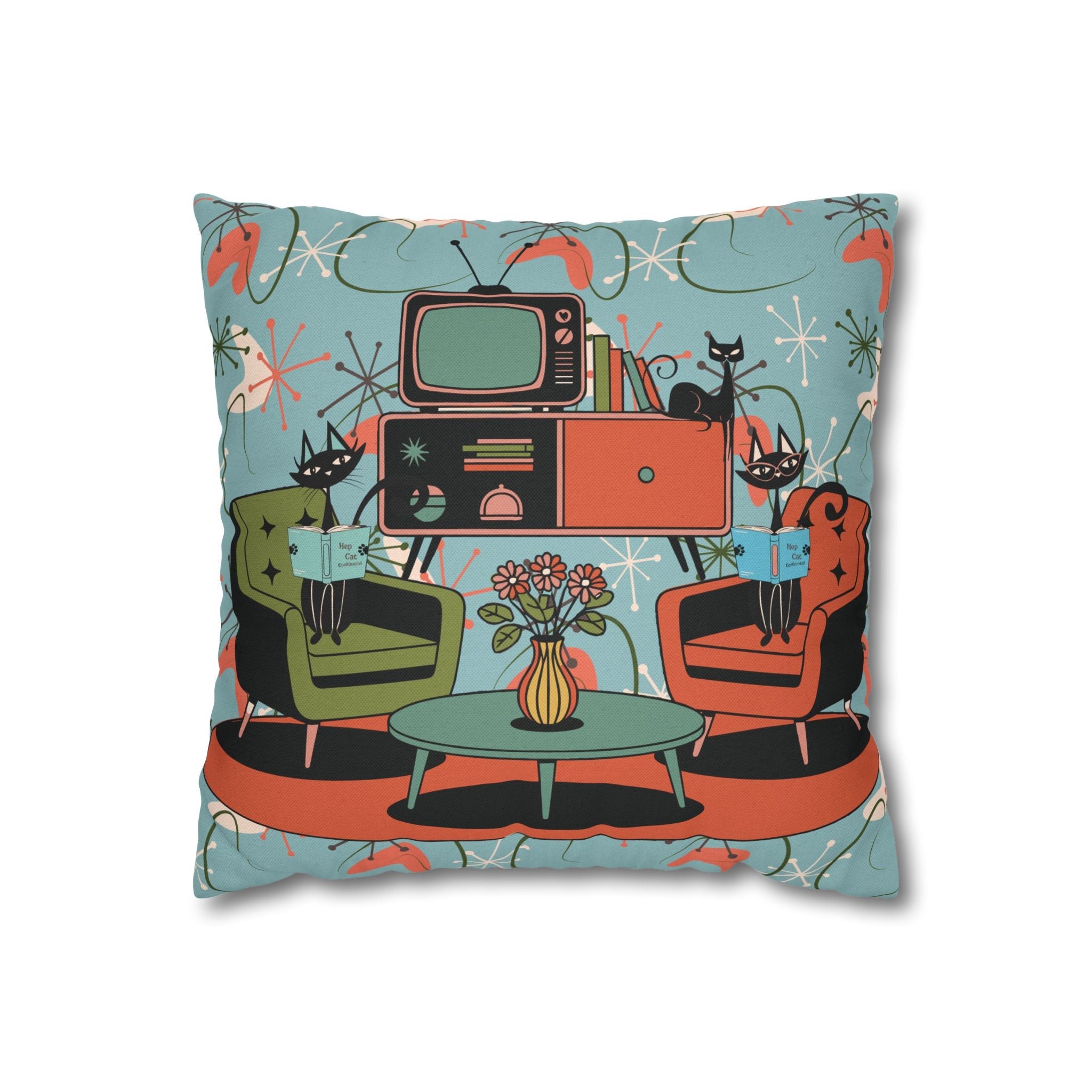 Kate McEnroe New York Atomic Kitsch Cat Starburst Pillow Cover, 50s Teal Orange MCM Boomerang DecorThrow Pillow Covers27391377690853251753