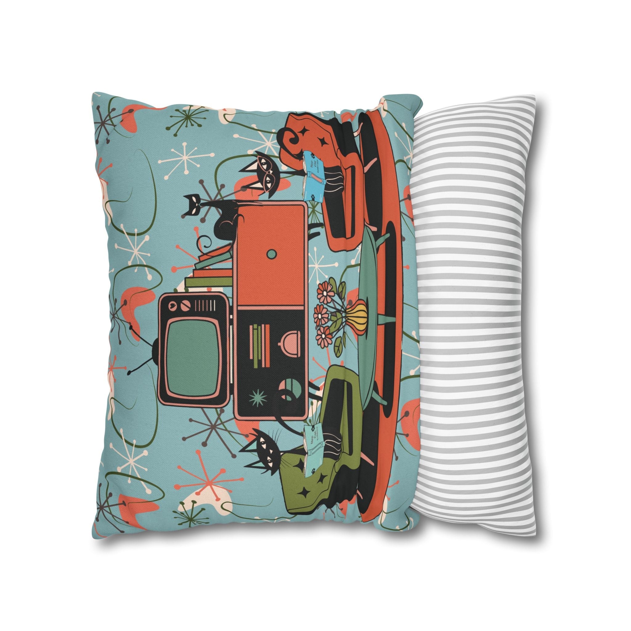 Kate McEnroe New York Atomic Kitsch Cat Starburst Pillow Cover, 50s Teal Orange MCM Boomerang DecorThrow Pillow Covers29786263097544649959