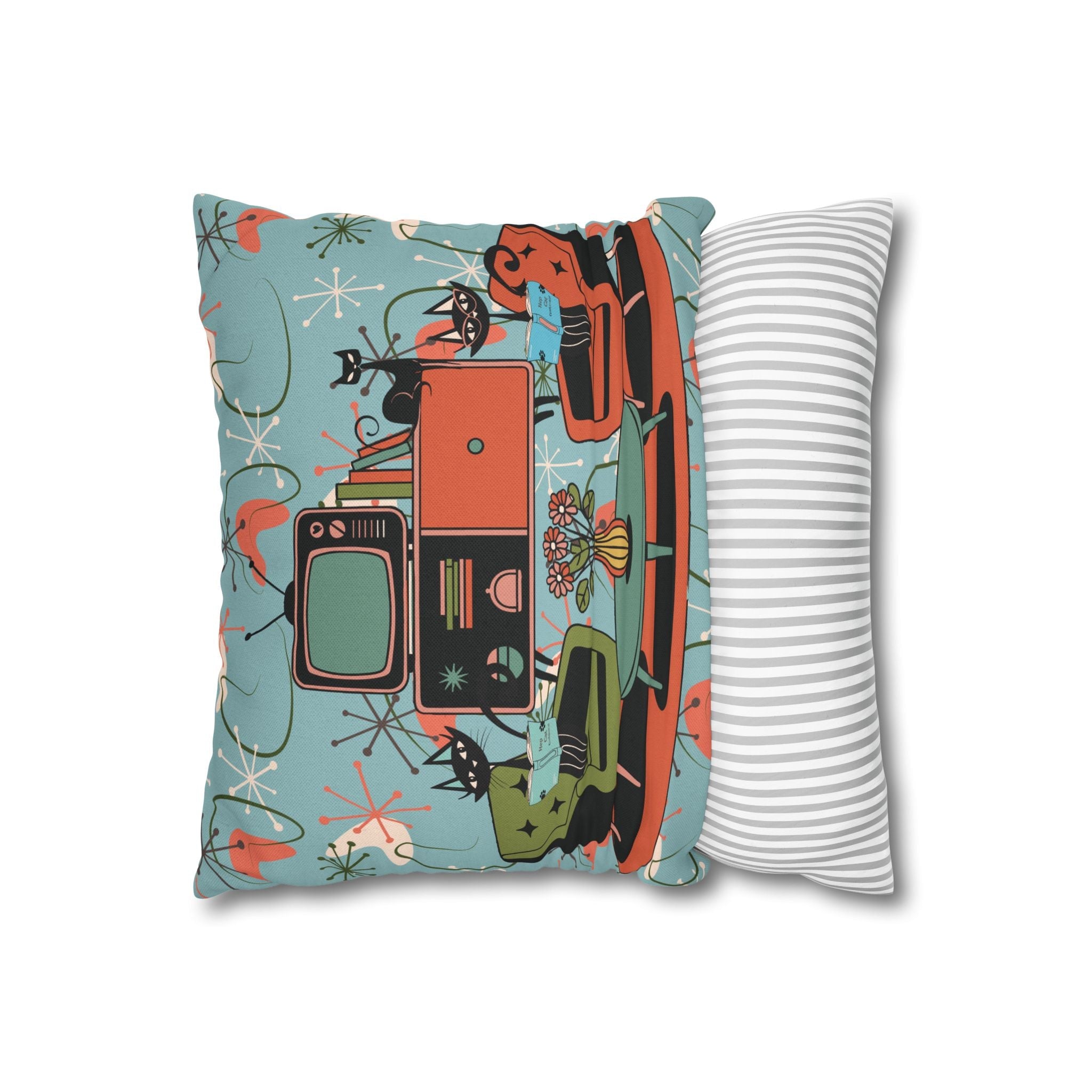 Kate McEnroe New York Atomic Kitsch Cat Starburst Pillow Cover, 50s Teal Orange MCM Boomerang DecorThrow Pillow Covers29786263097544649959