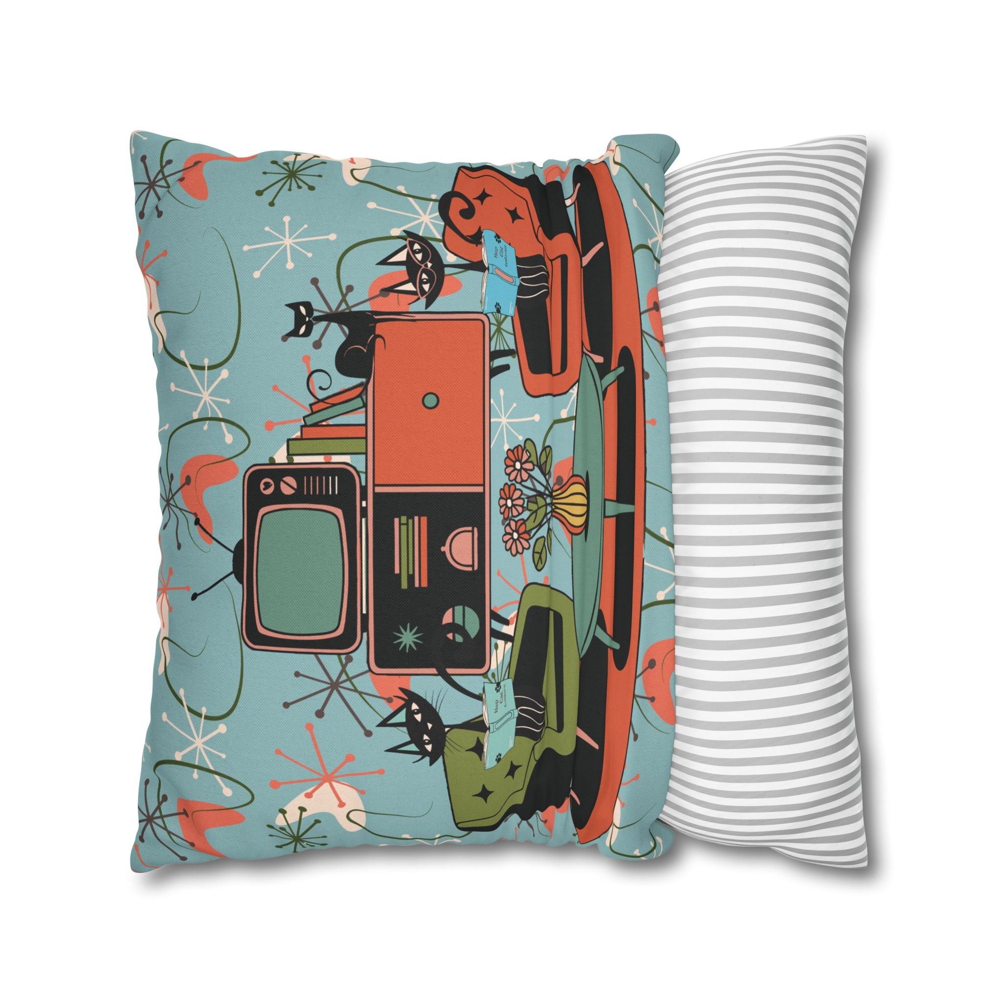 Kate McEnroe New York Atomic Kitsch Cat Starburst Pillow Cover, 50s Teal Orange MCM Boomerang DecorThrow Pillow Covers29786263097544649959