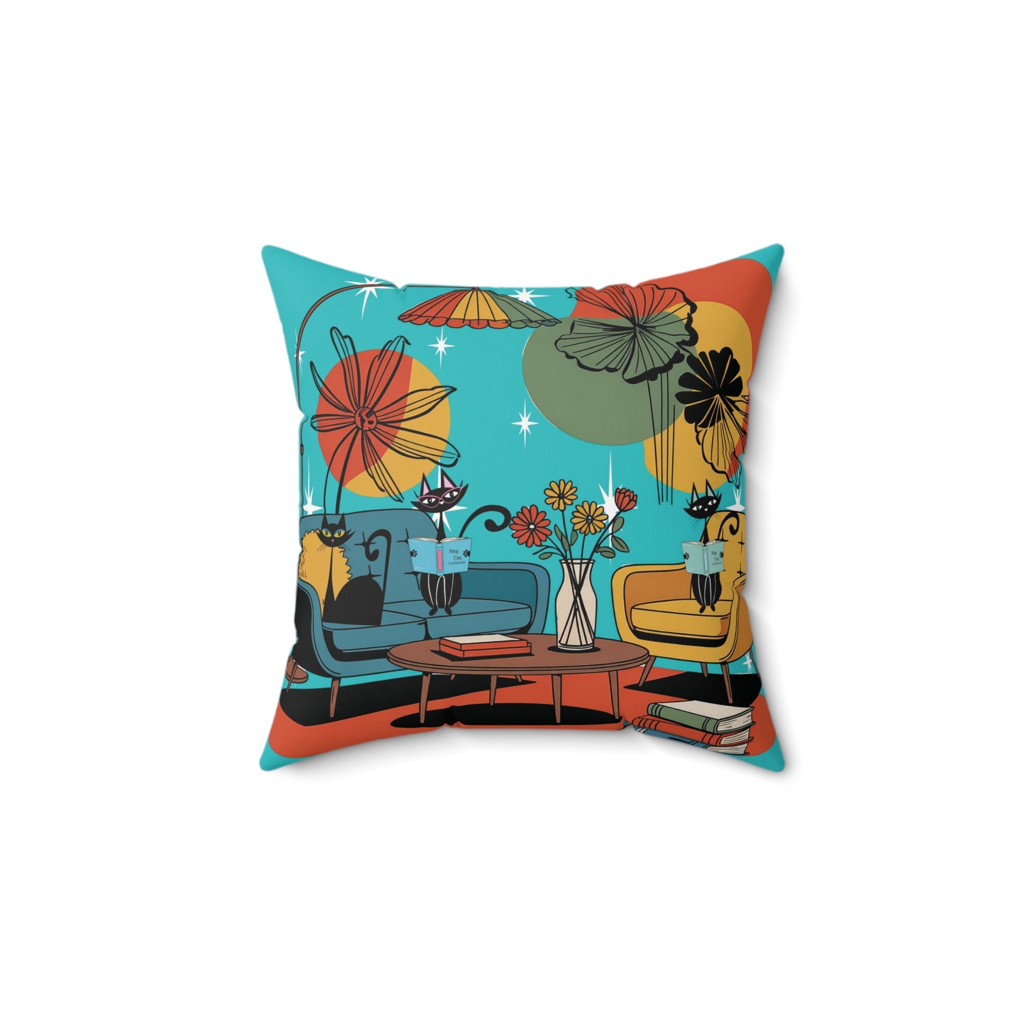 Kate McEnroe New York Atomic Kitsch Cat Throw Pillow, Retro Mid Century Modern Book Nook Accent, MCM Starburst Lounge CushionThrow Pillows22921720587233660266