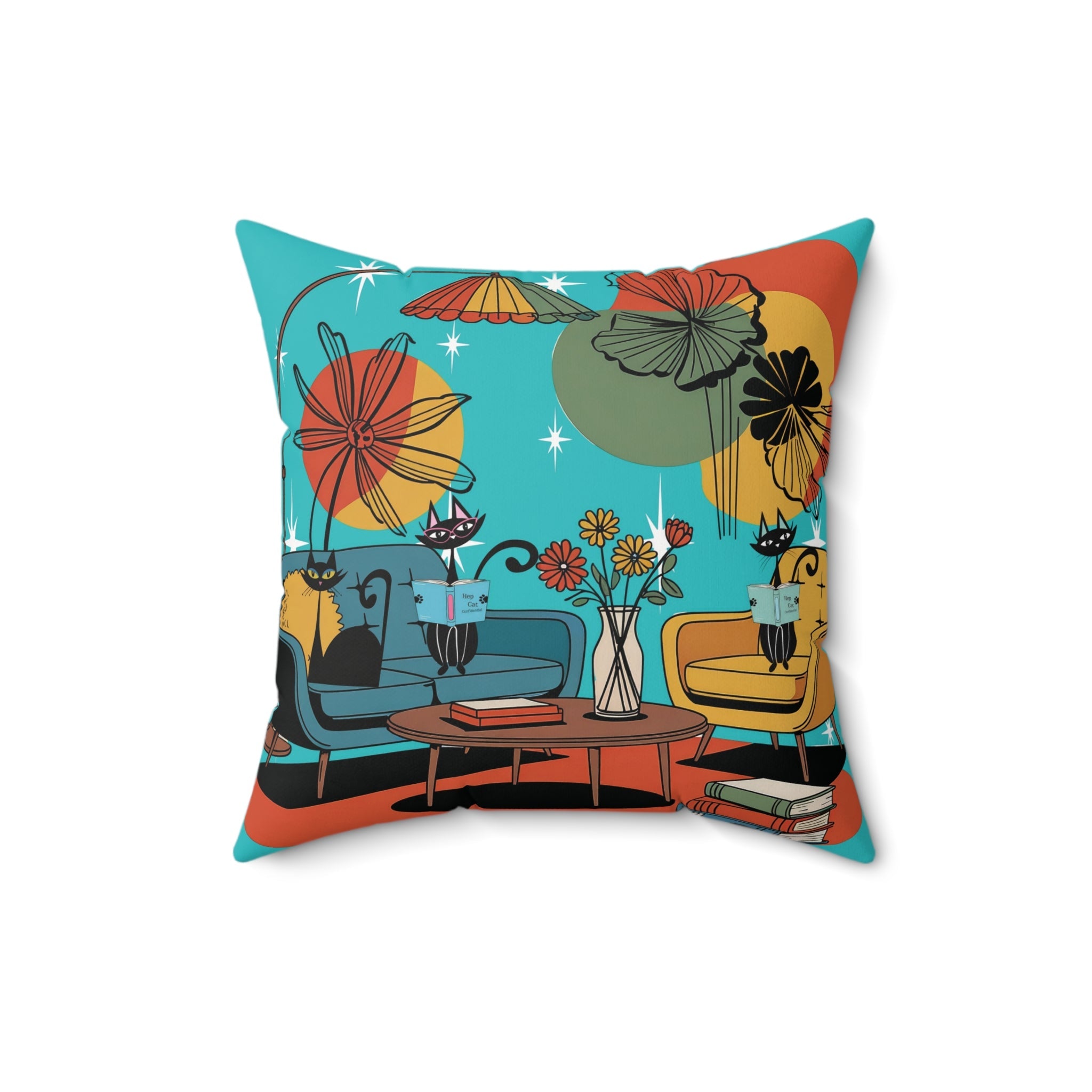 Kate McEnroe New York Atomic Kitsch Cat Throw Pillow, Retro Mid Century Modern Book Nook Accent, MCM Starburst Lounge CushionThrow Pillows22921720587233660266