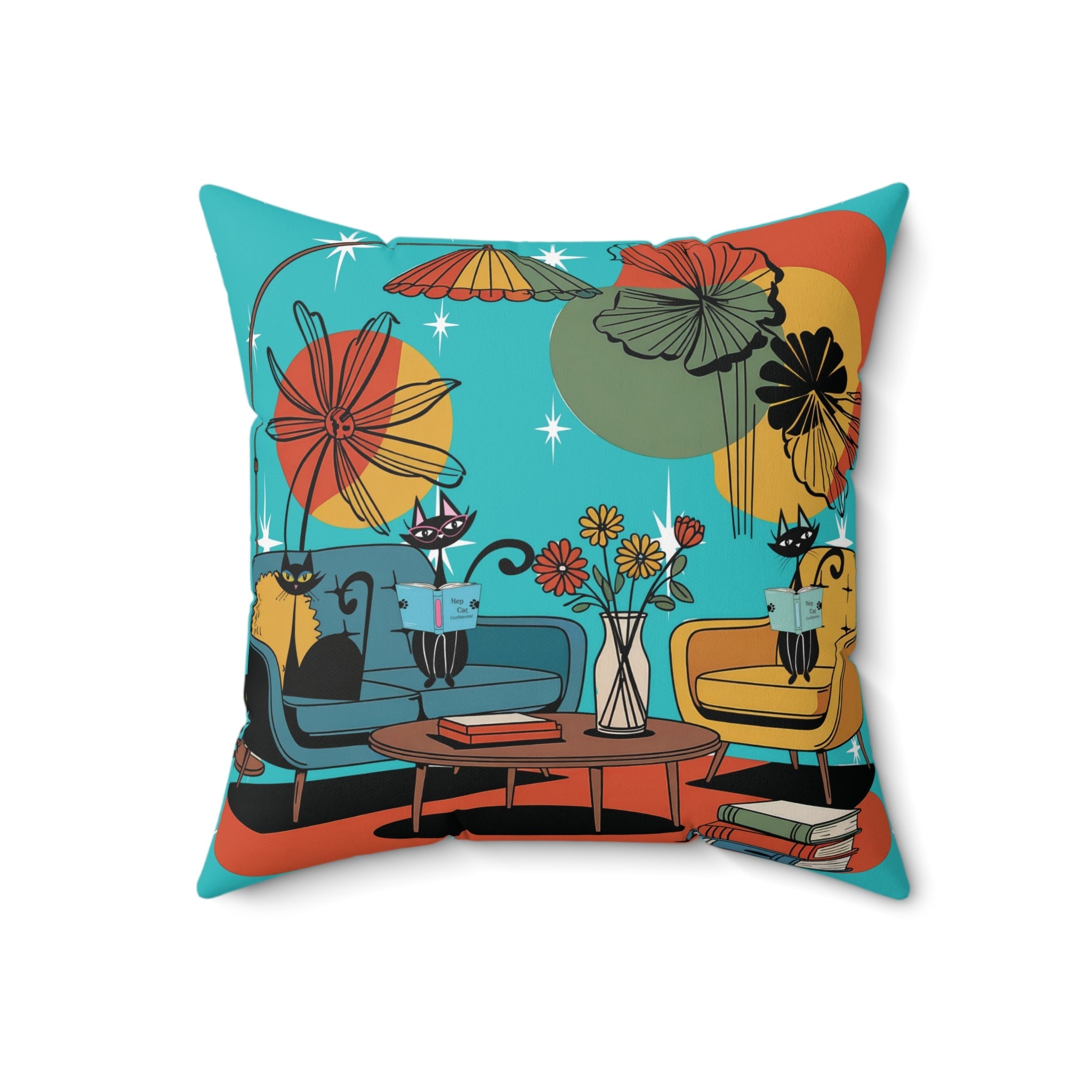 Kate McEnroe New York Atomic Kitsch Cat Throw Pillow, Retro Mid Century Modern Book Nook Accent, MCM Starburst Lounge CushionThrow Pillows22921720587233660266