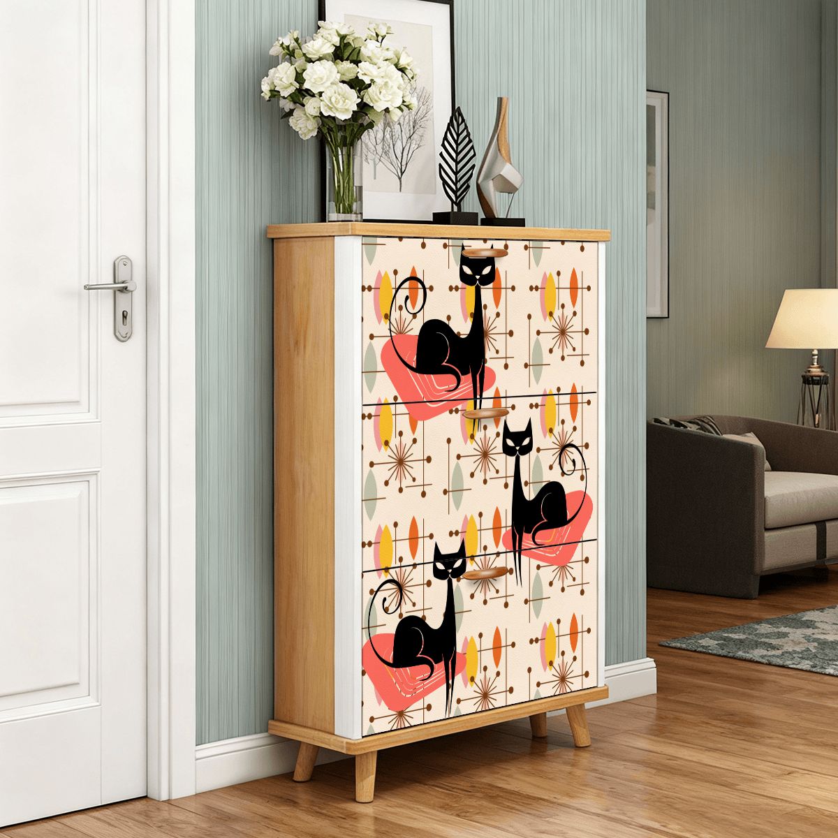 Kate McEnroe New York Atomic Kitschy Black Cat Mid Century Modern Shoe Cabinet, Retro Space Age Starburst Storage, MCM Entryway OrganizerShoe Storage3qDFMU2uWU