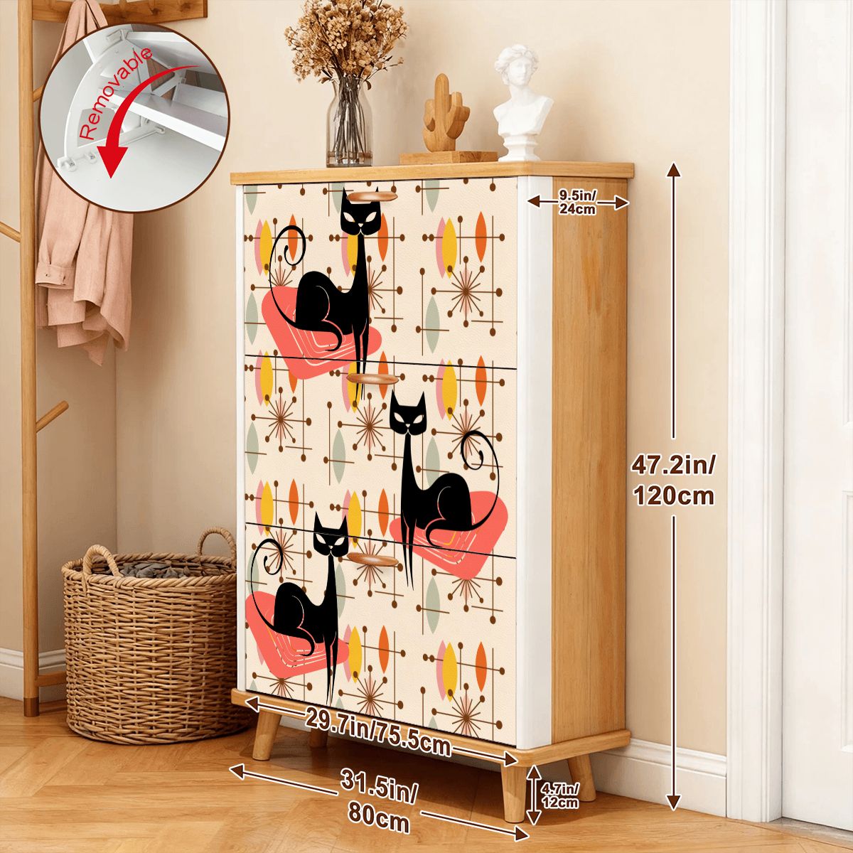 Kate McEnroe New York Atomic Kitschy Black Cat Mid Century Modern Shoe Cabinet, Retro Space Age Starburst Storage, MCM Entryway OrganizerShoe Storage3qDFMU2uWU