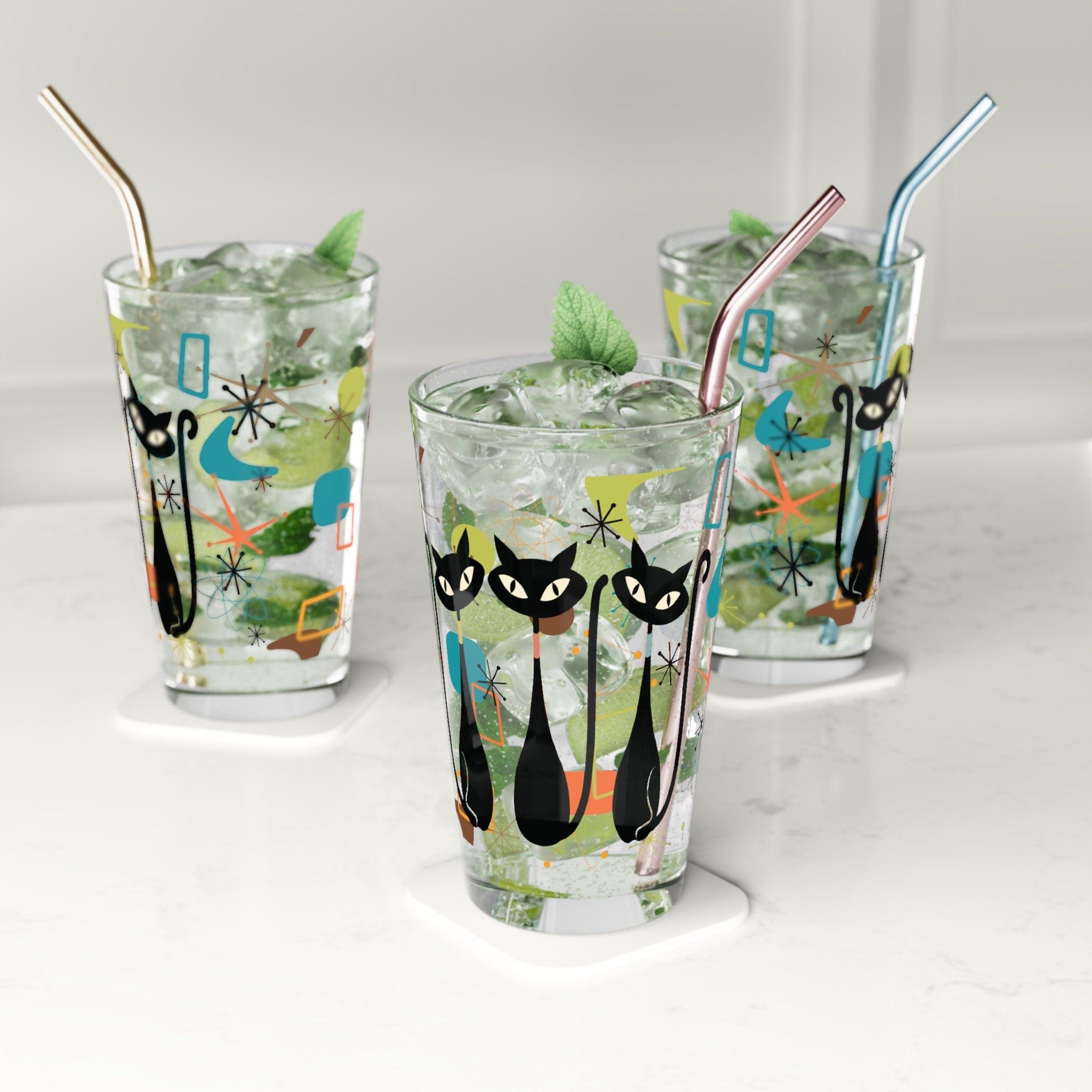 Kate McEnroe New York Atomic Kitschy Black Cat Pint Glass, 16oz Mid Century Modern Retro Beer Glass, MCM Beer Glassware Gifts, Party Drinkware, Cocktail GlassBeer Glasses19544781790628725125