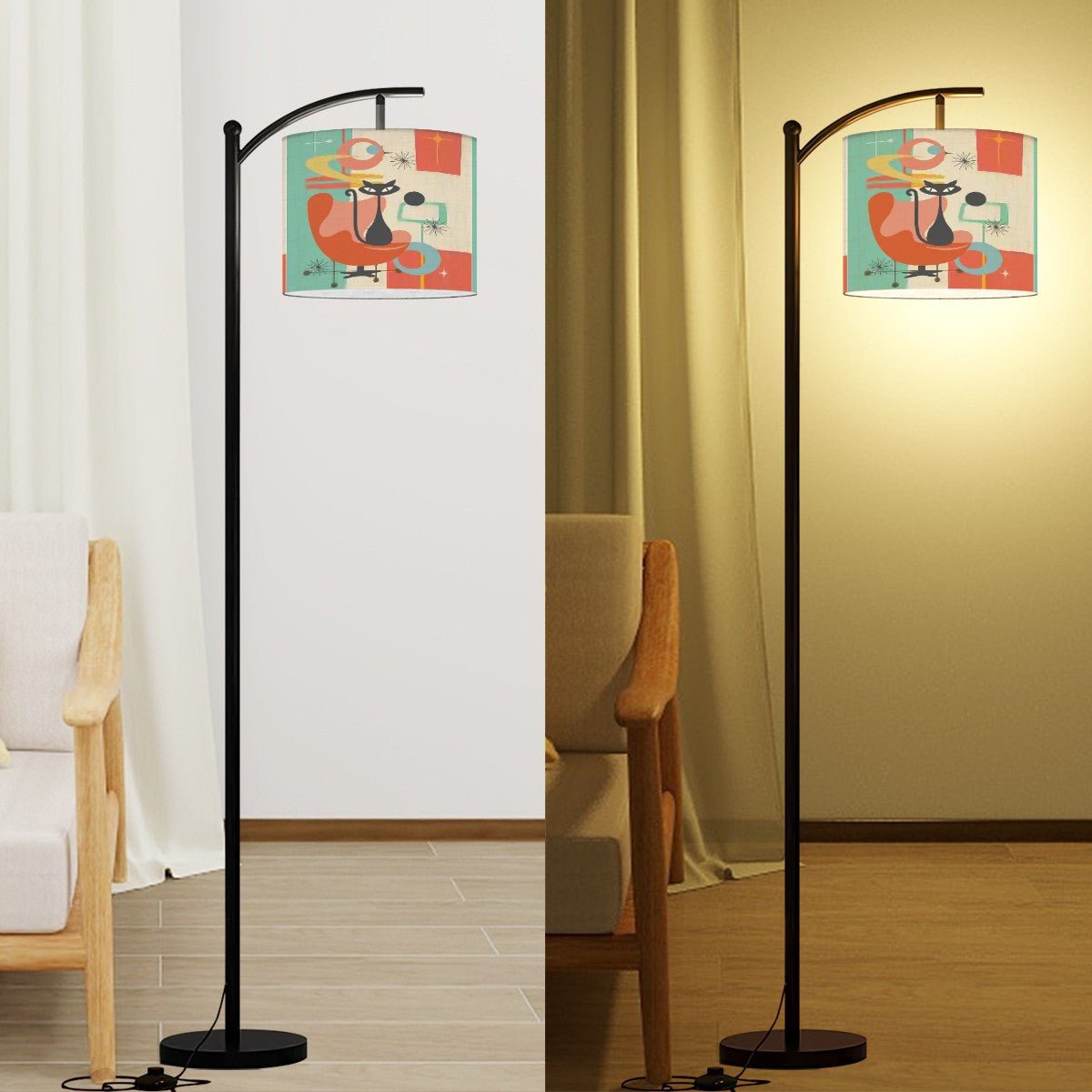 Kate McEnroe New York Atomic Kitschy Cat Arc Floor Lamp, Mid Century Modern Teal Orange Retro LightingFloor Lamps8HdsuUyW3q