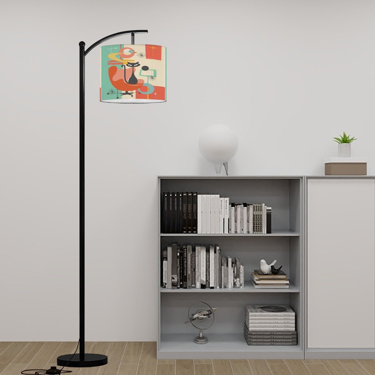 Kate McEnroe New York Atomic Kitschy Cat Arc Floor Lamp, Mid Century Modern Teal Orange Retro LightingFloor Lamps8HdsuUyW3q