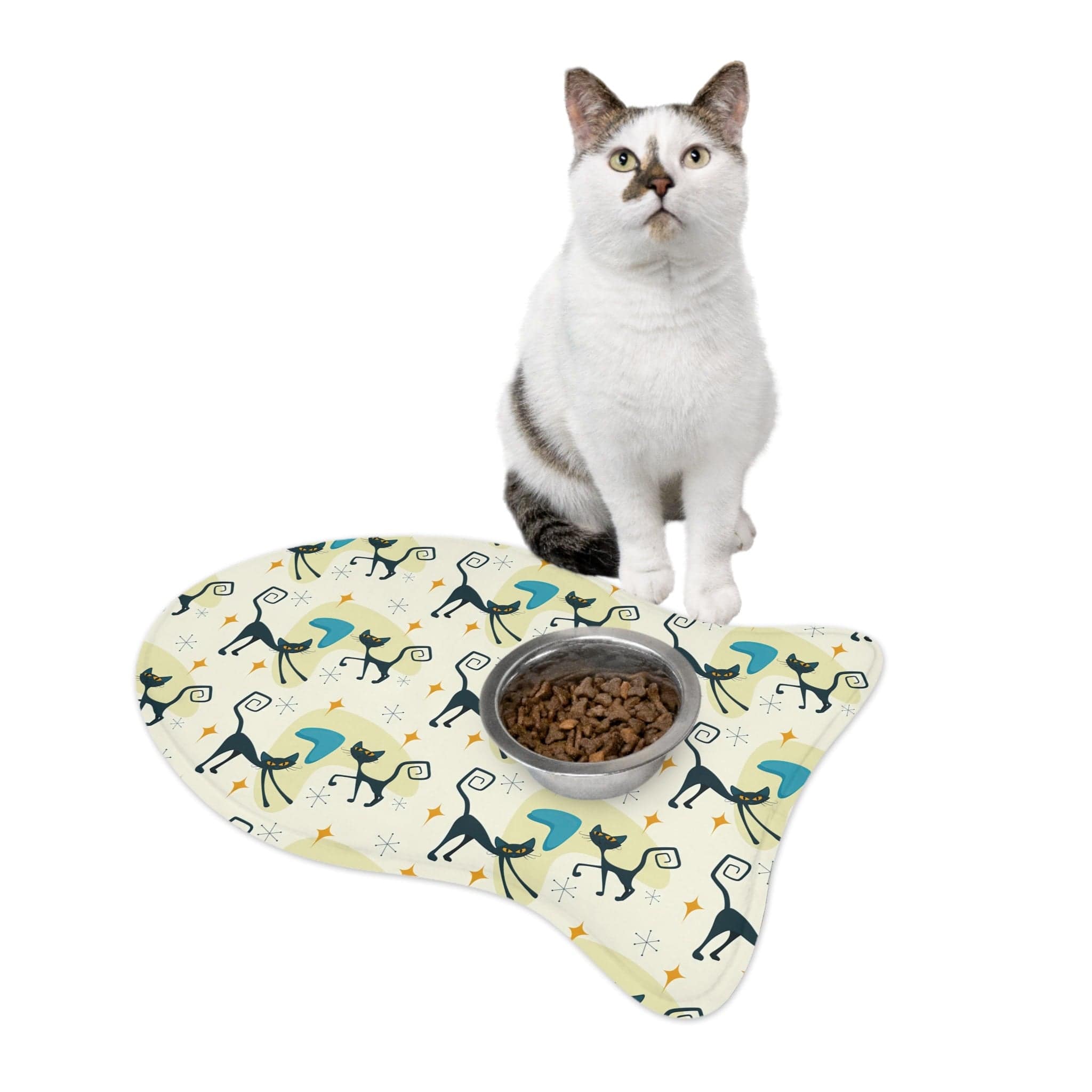 Kate McEnroe New York Atomic Kitschy Cat Fish Shaped Pet Feeding Mats, Retro Boomerang Starburst Non - Slip, Highly Absorbent Pads, Cat Lovers Gift - 127881923Pet Feeding Mats38050366914706374244