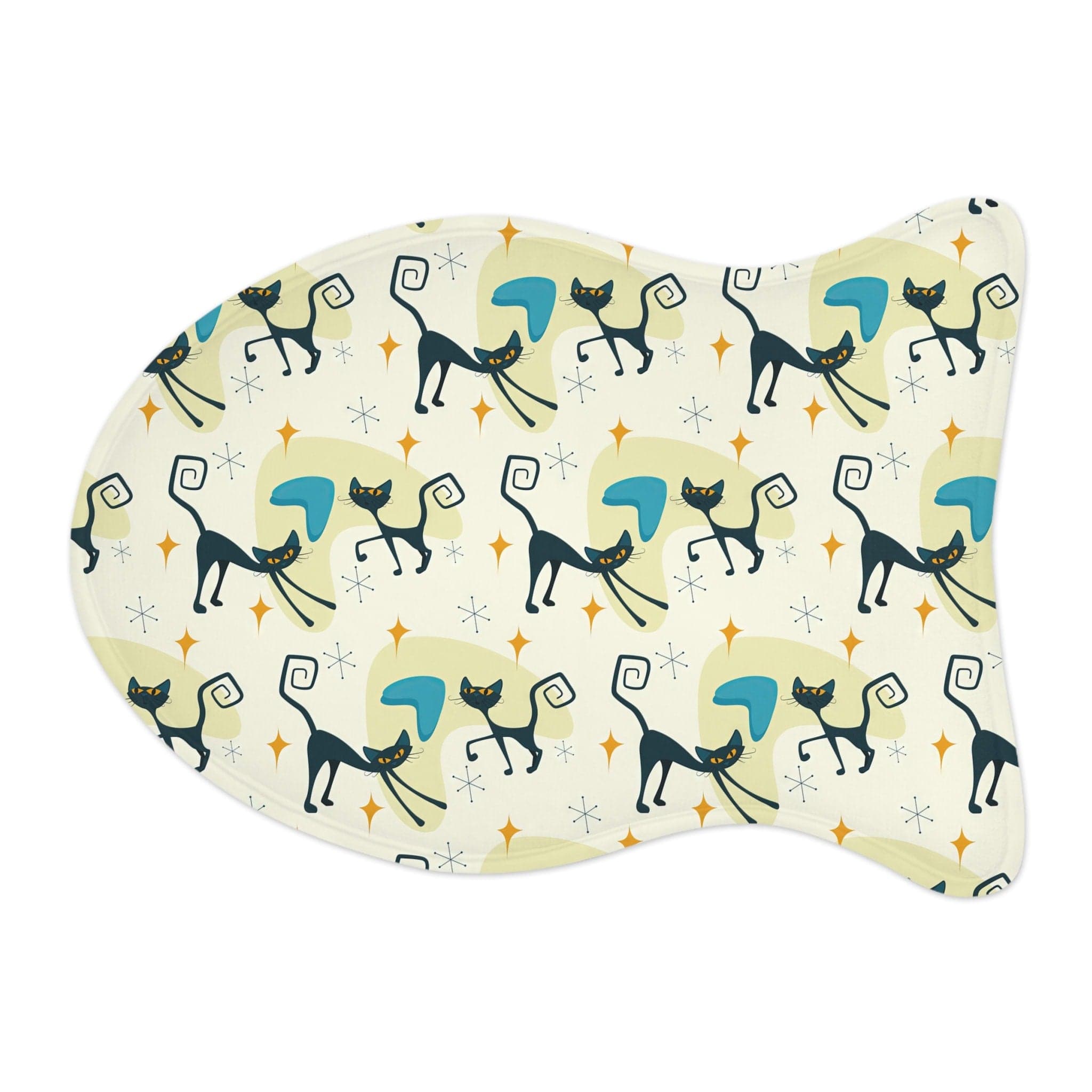 Kate McEnroe New York Atomic Kitschy Cat Fish Shaped Pet Feeding Mats, Retro Boomerang Starburst Non - Slip, Highly Absorbent Pads, Cat Lovers Gift - 127881923Pet Feeding Mats38050366914706374244