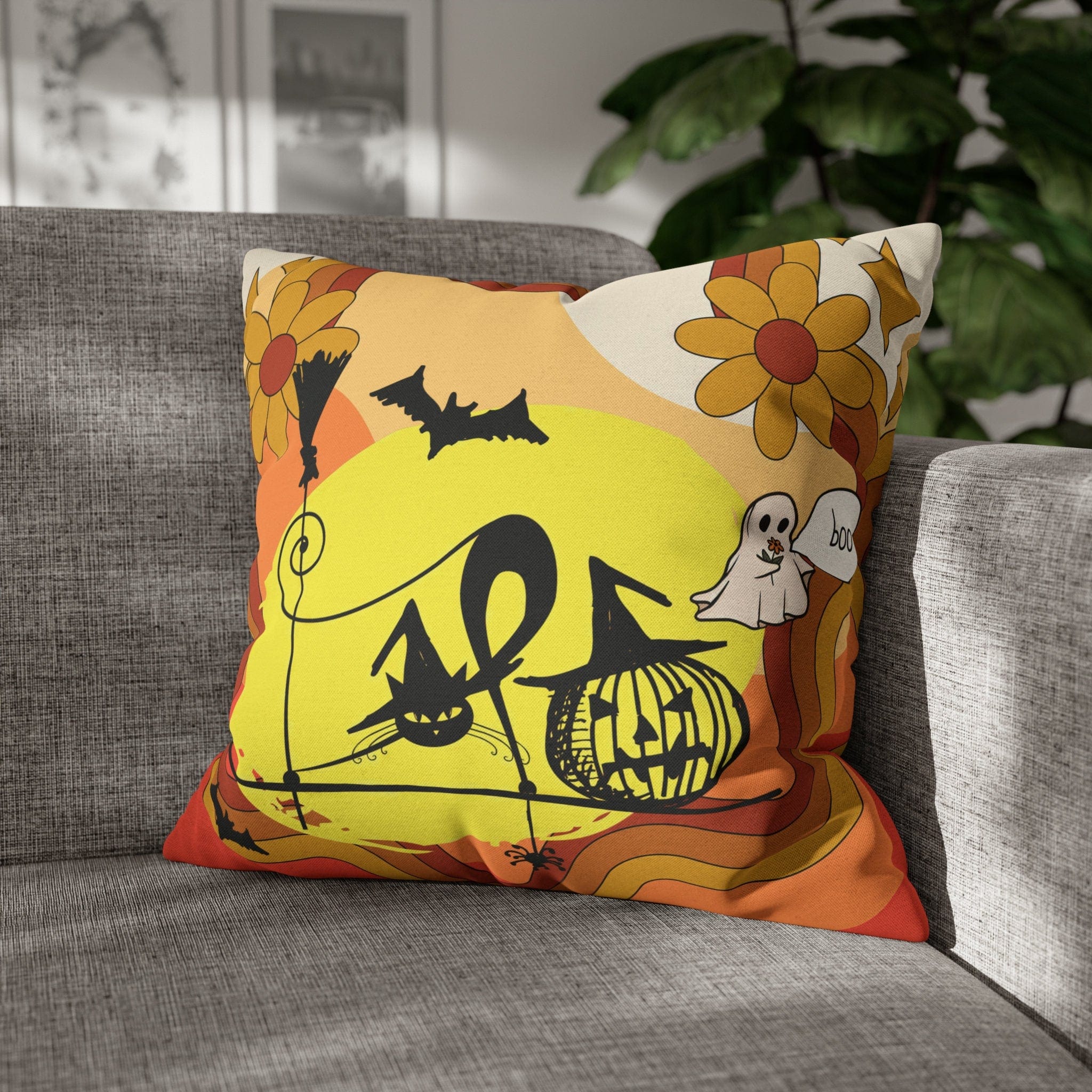 Kate McEnroe New York Atomic Kitschy Cat Halloween Pillow Cover, Retro Pumpkin, Bat Ghost Floral Holiday Cushion Covers, MCM Pillow CaseThrow Pillow Covers12140723276450021325