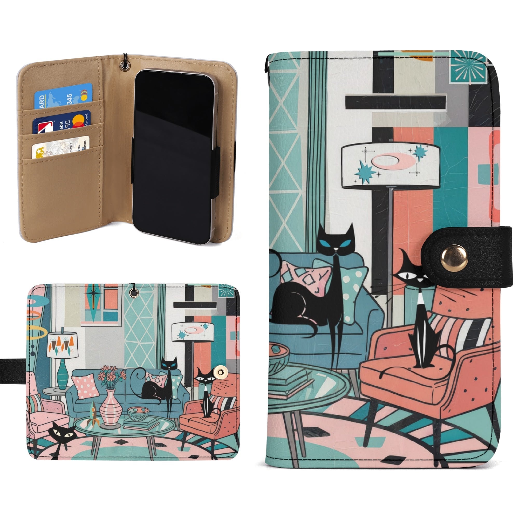 Kate McEnroe New York Atomic Kitschy Cat Mid Century Flip Phone Case, Retro 50s MCM Lounge Wallet Cover, Starburst Mod Card HolderPhone CasesWE9GE21W - 1