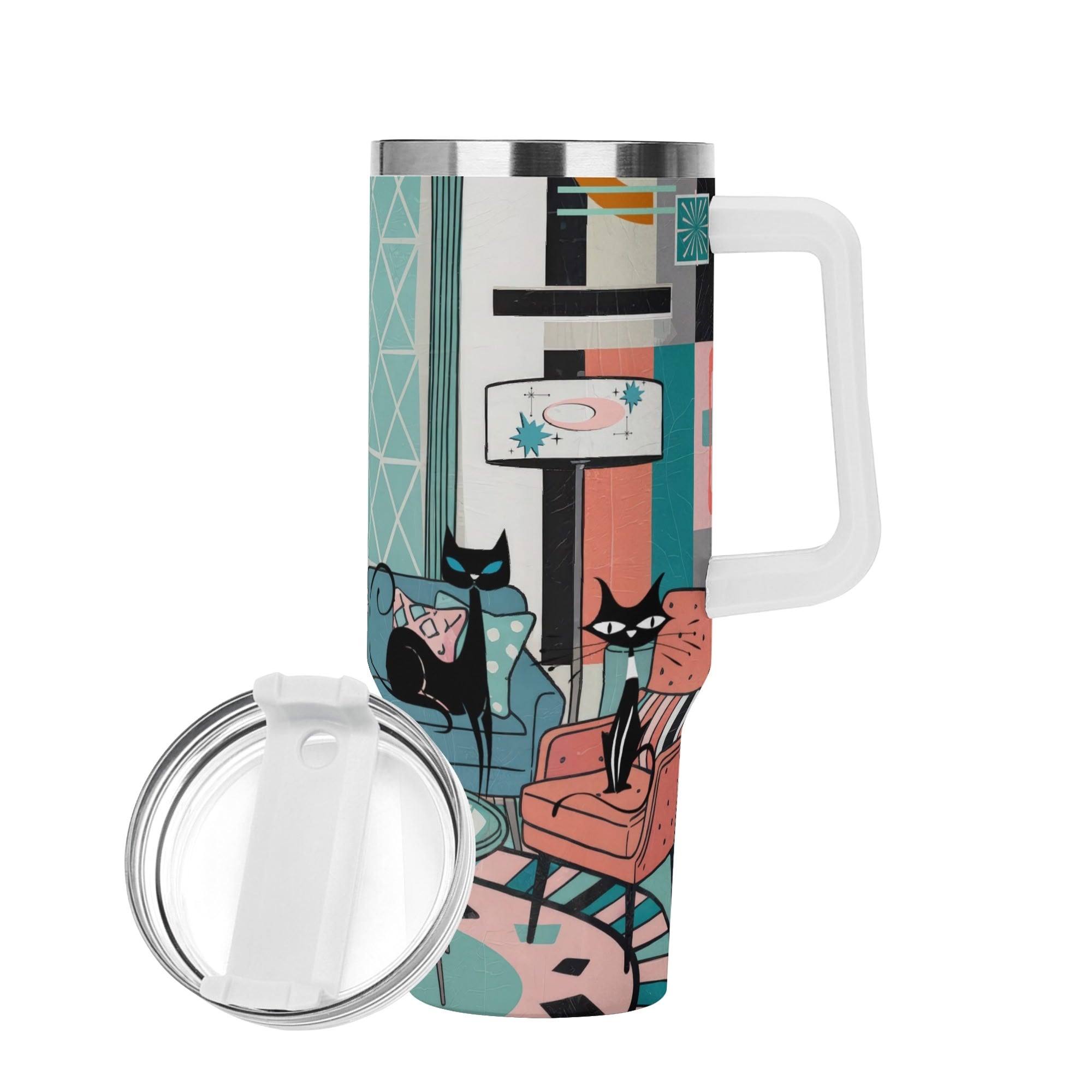 Kate McEnroe New York Atomic Kitschy Cat Mid Century Lounge Tumbler, Retro Stainless Steel Travel Mug, 50s MCM Starburst CupTumblersWJ2V9KRW - 1