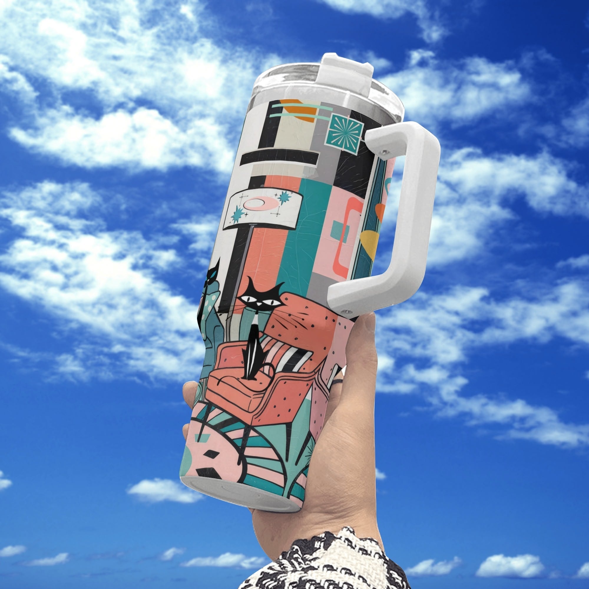 Kate McEnroe New York Atomic Kitschy Cat Mid Century Lounge Tumbler, Retro Stainless Steel Travel Mug, 50s MCM Starburst CupTumblersWJ2V9KRW - 1