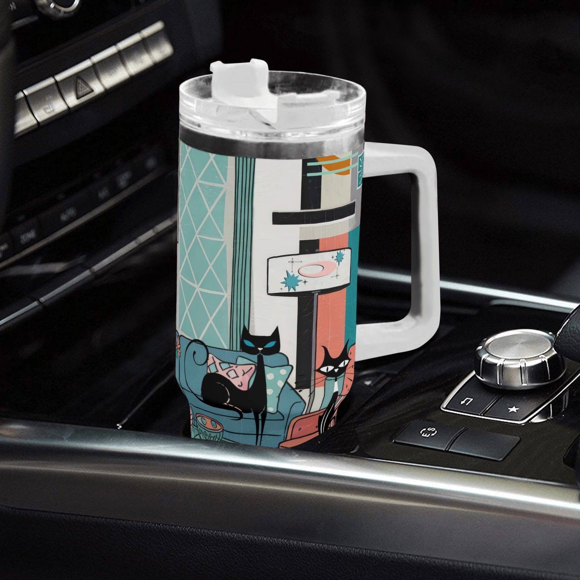 Kate McEnroe New York Atomic Kitschy Cat Mid Century Lounge Tumbler, Retro Stainless Steel Travel Mug, 50s MCM Starburst CupTumblersWJ2V9KRW - 1