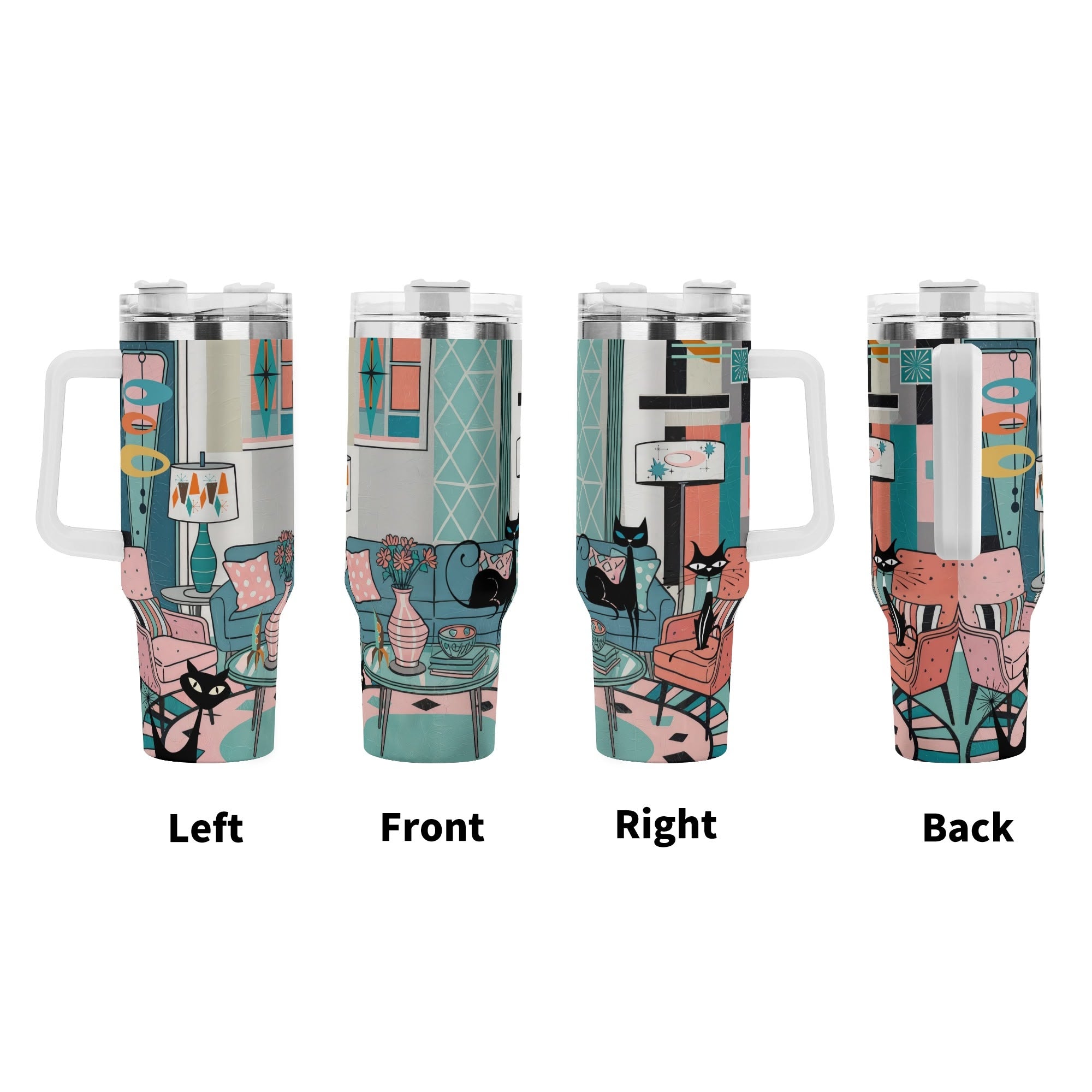 Kate McEnroe New York Atomic Kitschy Cat Mid Century Lounge Tumbler, Retro Stainless Steel Travel Mug, 50s MCM Starburst CupTumblersWJ2V9KRW - 1