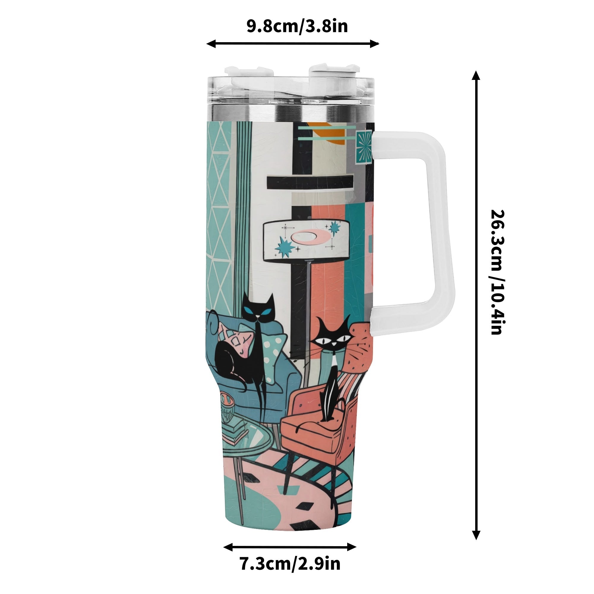 Kate McEnroe New York Atomic Kitschy Cat Mid Century Lounge Tumbler, Retro Stainless Steel Travel Mug, 50s MCM Starburst CupTumblersWJ2V9KRW - 1