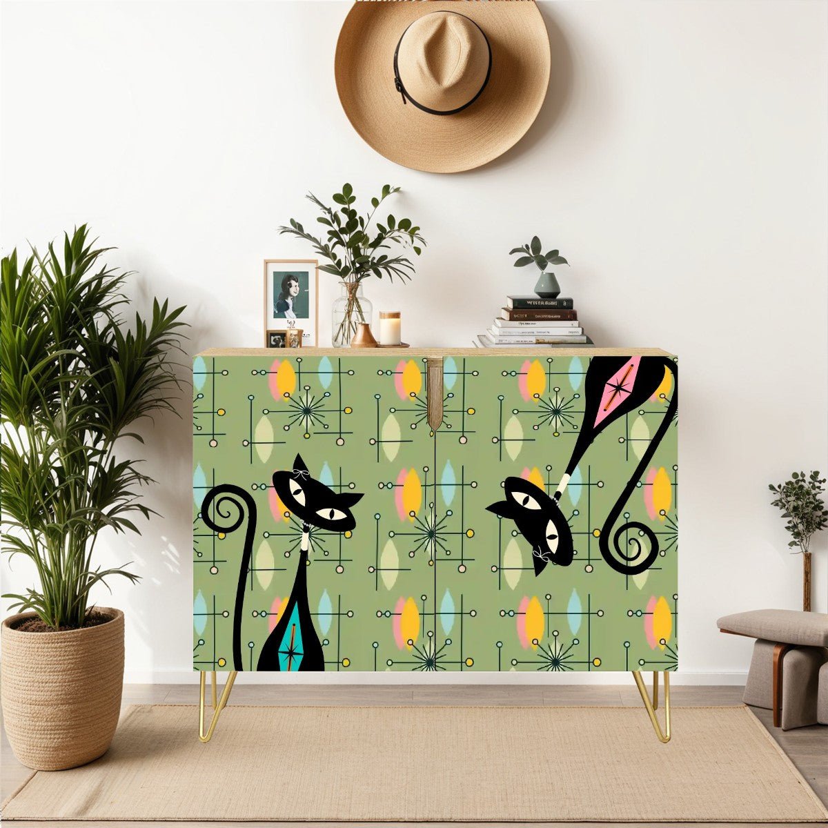 Kate McEnroe New York Atomic Kitschy Cat Mid Century Modern Cabinet, Retro Green Starburst Storage, 50s Mod Hairpin Leg SideboardStorage CabinetsbFVMpRFPVO