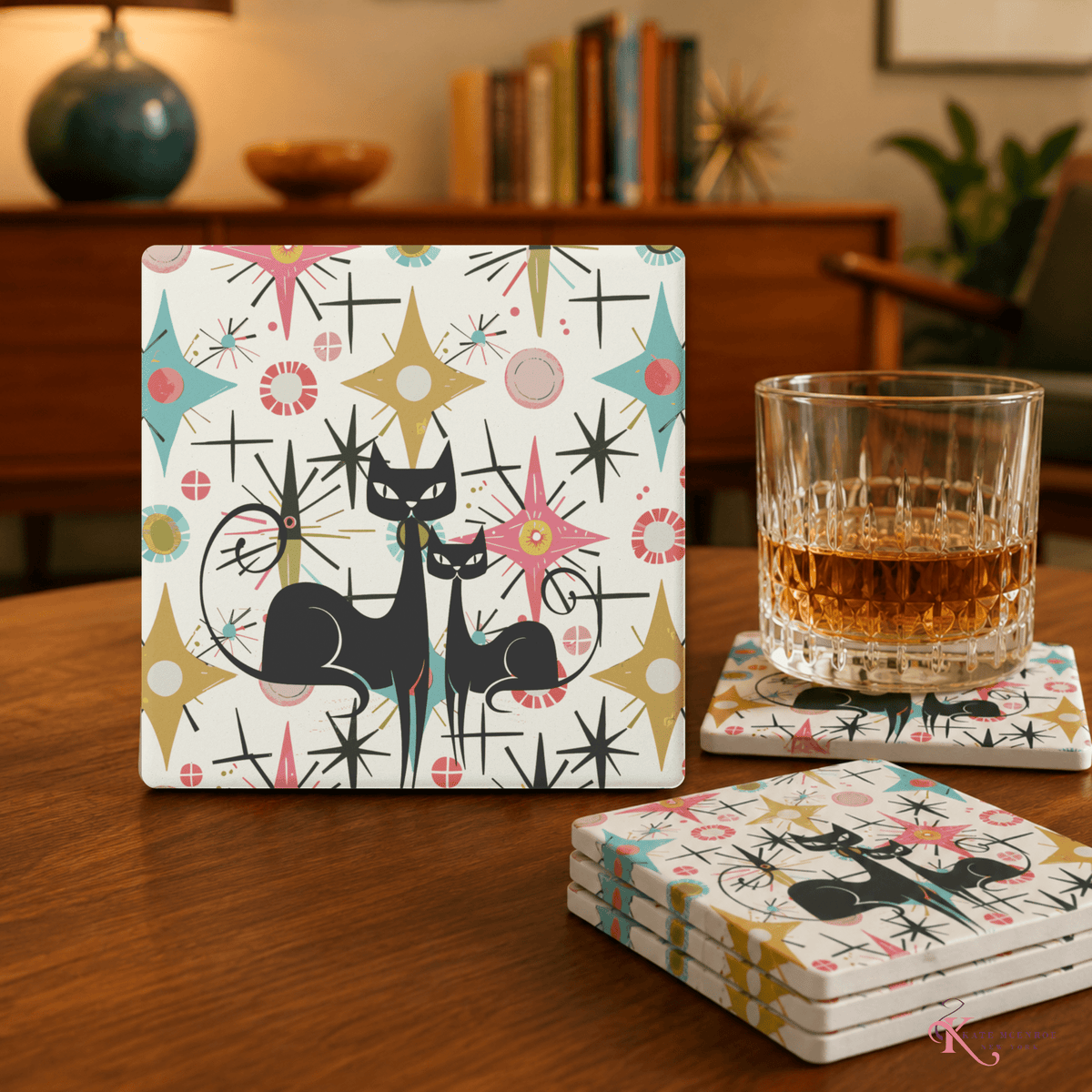 Kate McEnroe New York Atomic Kitschy Cat Mid Century Modern Starburst Soapstone CoastersCoasters7021