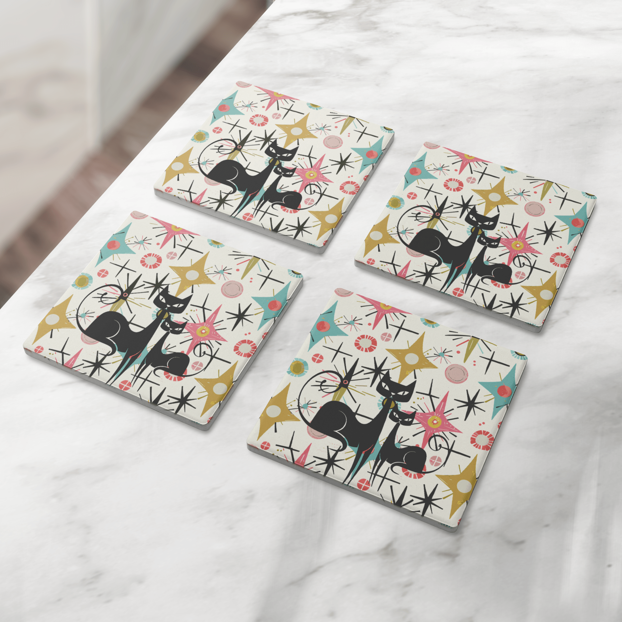Kate McEnroe New York Atomic Kitschy Cat Mid Century Modern Starburst Soapstone CoastersCoasters7021
