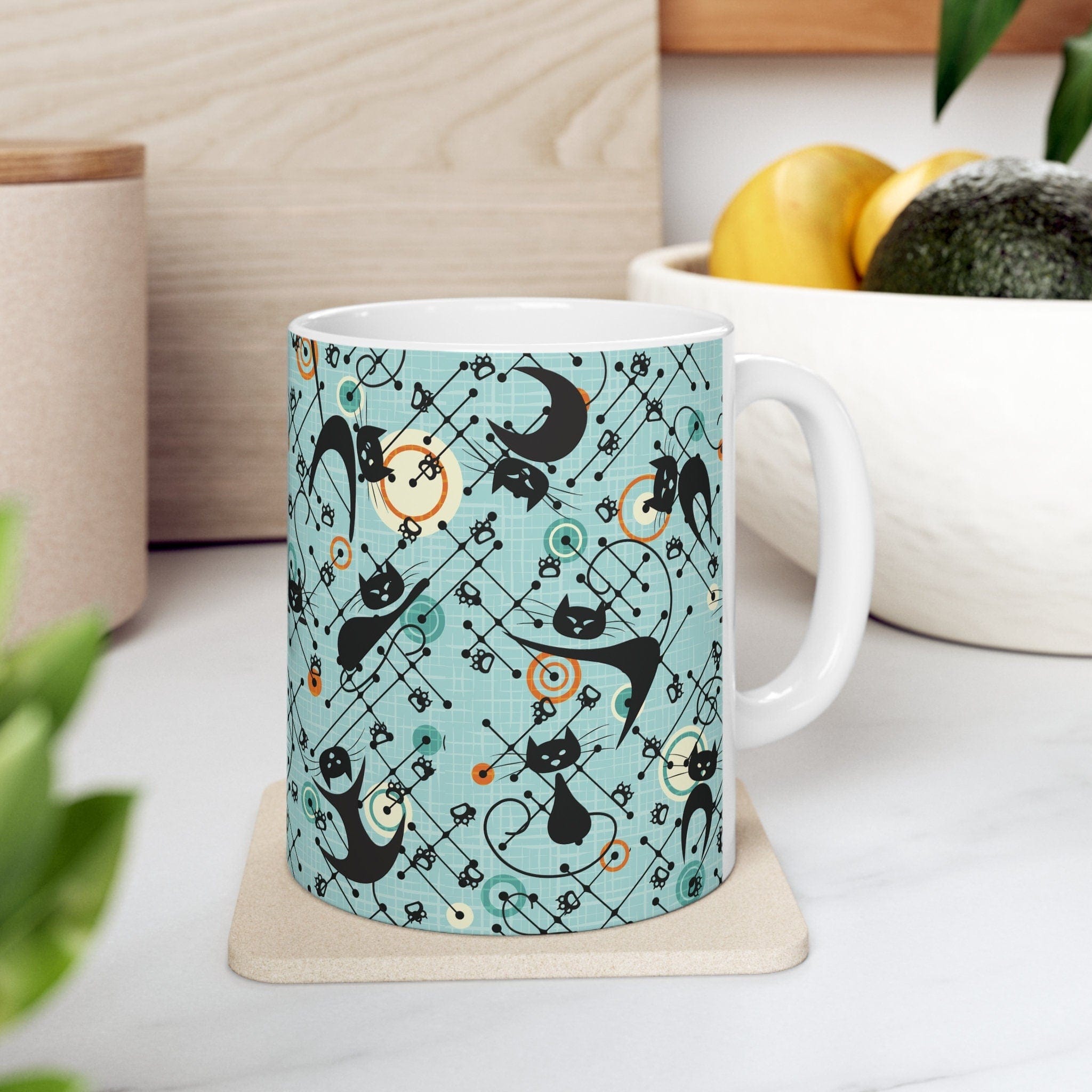 Kate McEnroe New York Atomic Kitschy Cat Mug, Retro Mid Century Modern DrinkwareMugs31115606966429280793