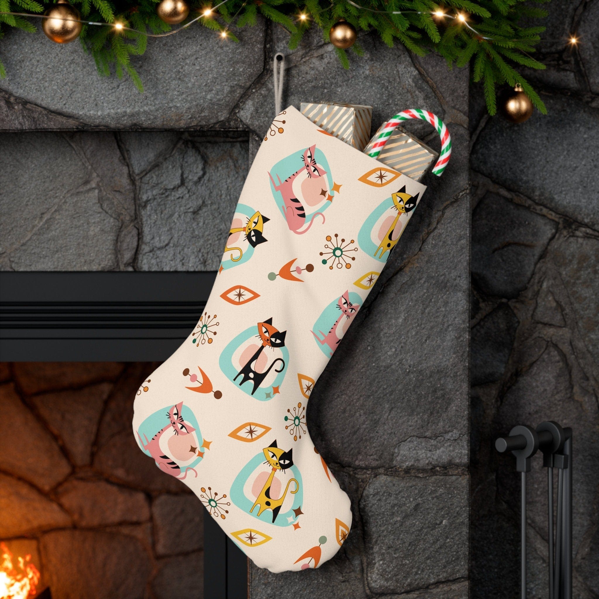 Kate McEnroe New York Atomic Kitschy Cat Retro Vintage Diamond Starburst Stocking, Mid Century Modern Vintage Christmas StockingsHoliday Stockings21247507598243213184