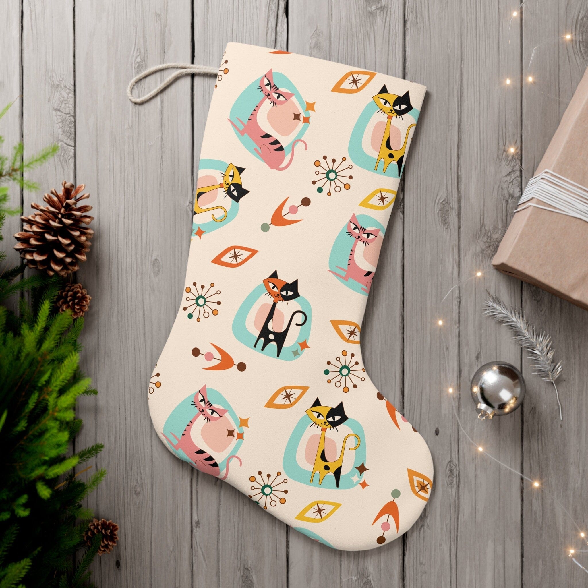 Kate McEnroe New York Atomic Kitschy Cat Retro Vintage Diamond Starburst Stocking, Mid Century Modern Vintage Christmas StockingsHoliday Stockings21247507598243213184