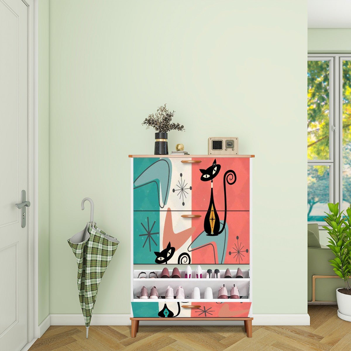 Kate McEnroe New York Atomic Kitschy Cat Shoe Organizer, Retro Mid Century Cabinet, Teal Coral Boomerang Starburst, Quirky MCM Storage UnitShoe StorageUQ5VoOLbHm