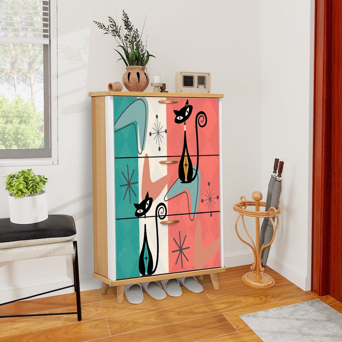 Kate McEnroe New York Atomic Kitschy Cat Shoe Organizer, Retro Mid Century Cabinet, Teal Coral Boomerang Starburst, Quirky MCM Storage UnitShoe StorageUQ5VoOLbHm